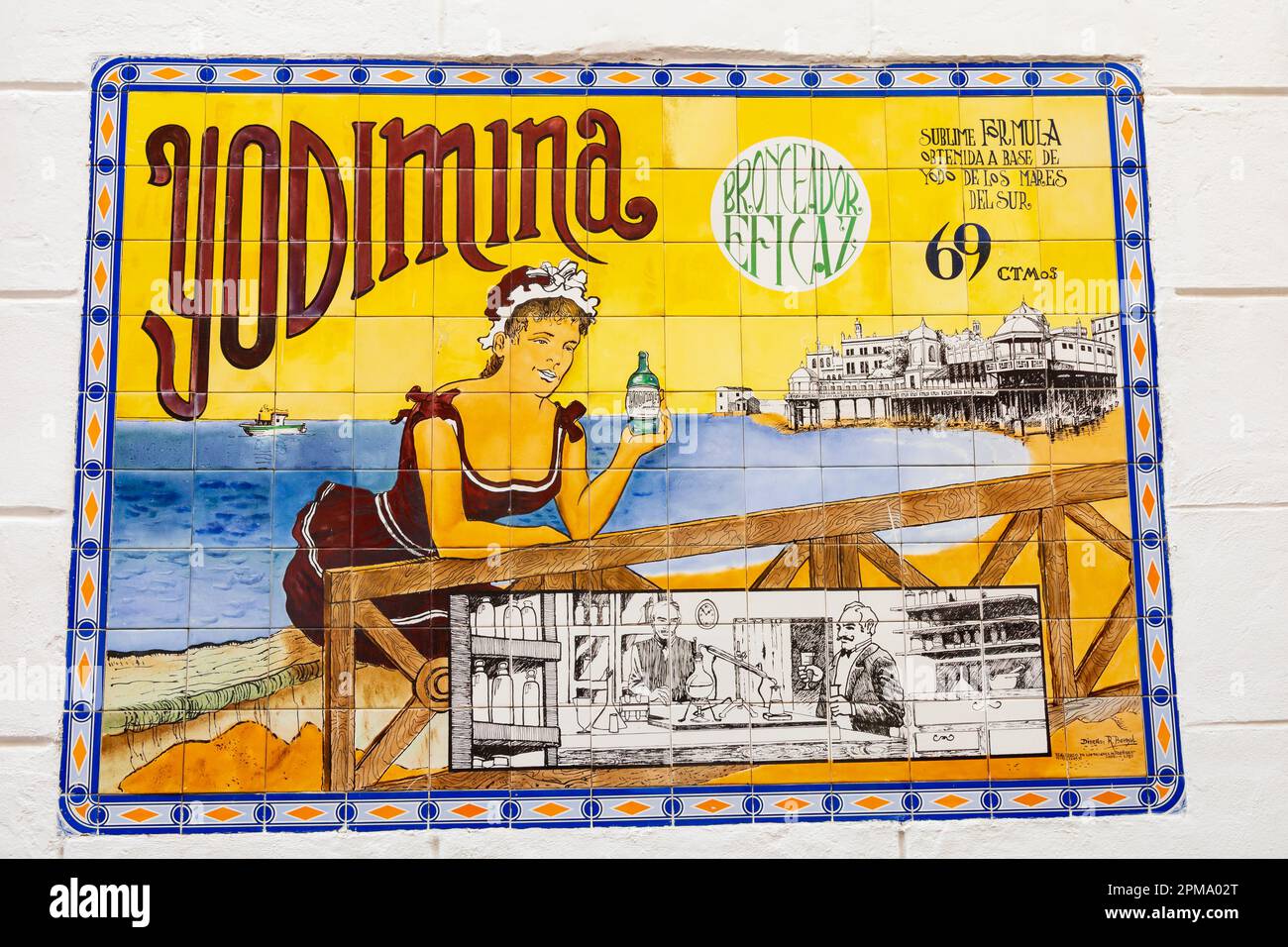 Ceramic Tiled advertising sign for Yodimina suntan lotion cream., Cadiz, Andalusia, Spain Stock Photo