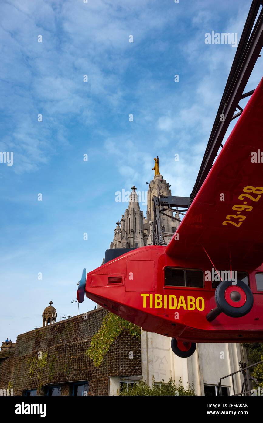 Tibidabo T1: The famous aeroplane ride at Tibidabo amusement park in Tibidabo, Barcelona. 'It transports you like a giant bird over an amazing backdro Stock Photo