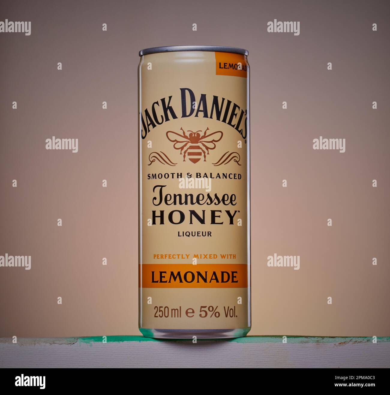 Can of Jack Daniels Tennessee Honey and Lemonade isolated on a cool