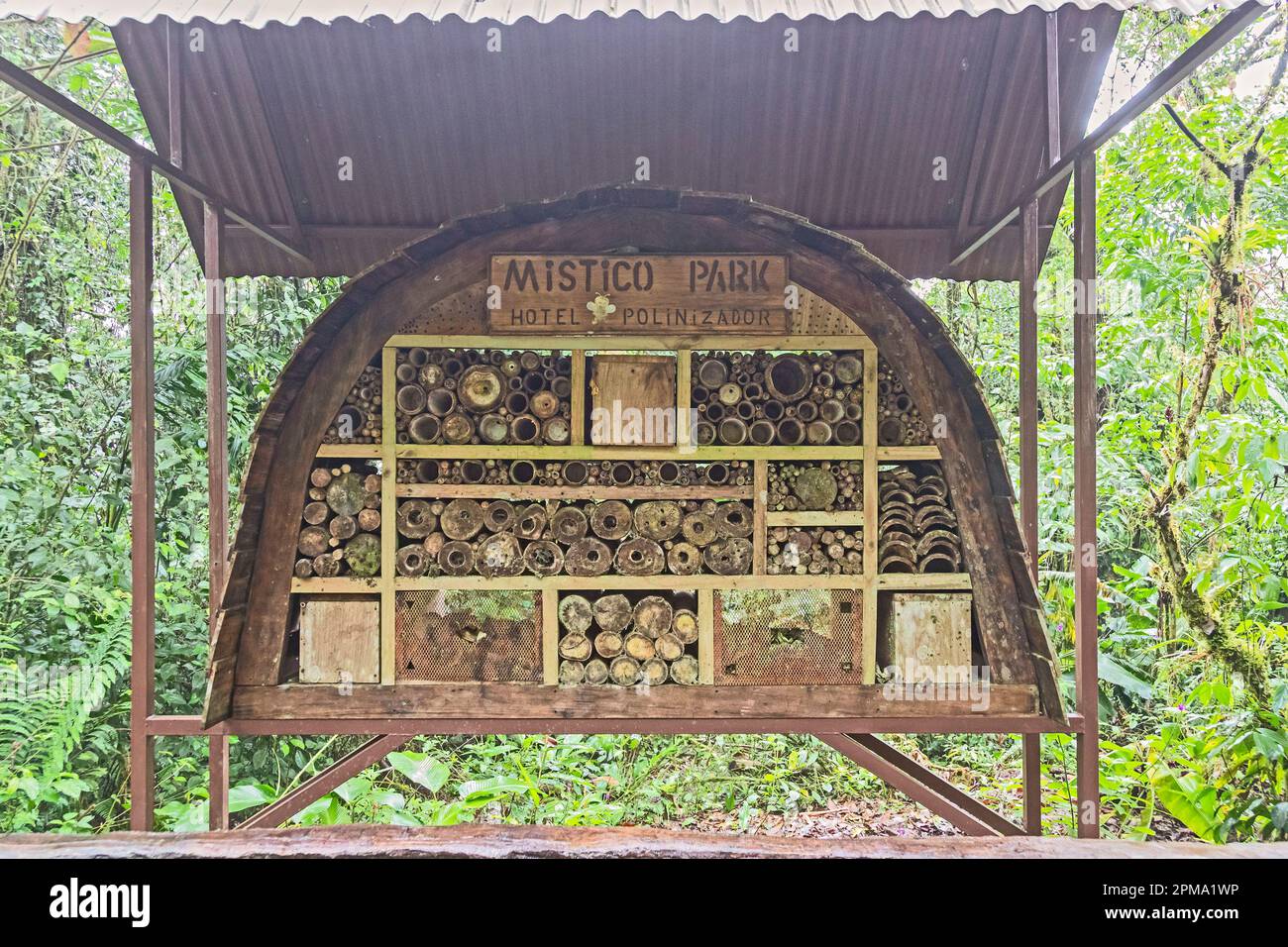 La Fortuna, Costa Rica - A 'pollinators hotel' at Mistico Hanging Bridges Park. The hotel provides a dry refuge for stingless bees, wasps, beetles, bu Stock Photo