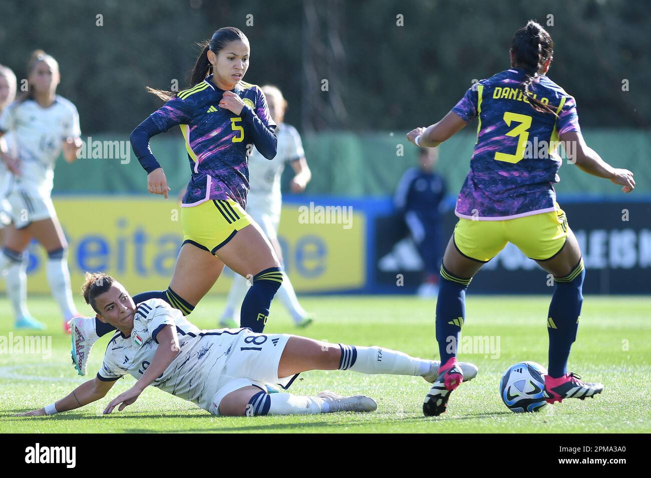 Rome, Lazio. 11th Apr, 2023. Arianna Caruso of Italy, Lorena Bedoya of Colombia, Daniela Arias of Colombia during football woman friendly match Italy v Colombia, Rome, Italy, April 11st, 2023 AllShotLive/Sipa Usa Credit: Sipa USA/Alamy Live News Stock Photo