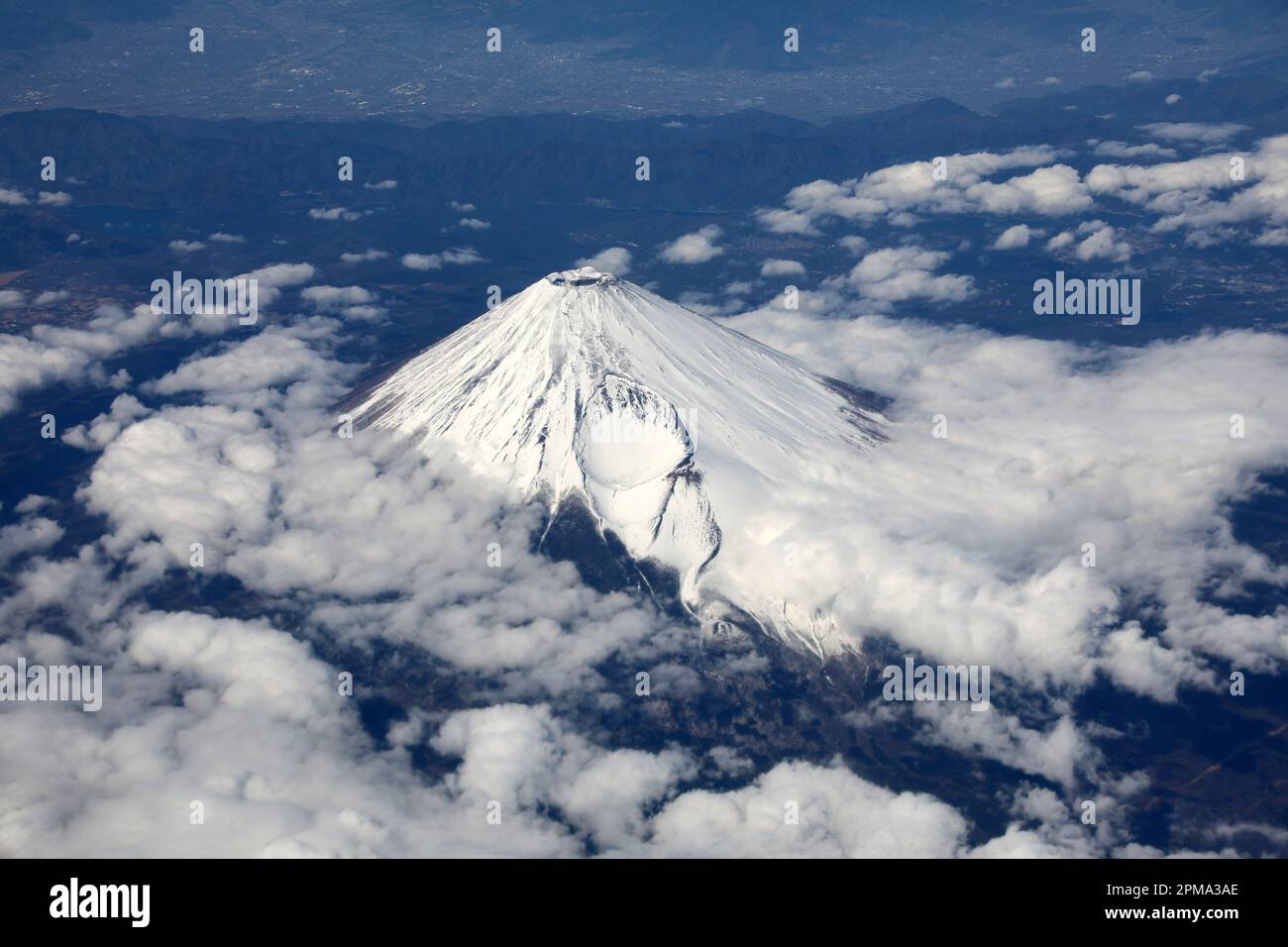 Aerial view of the snow covered peak of Mount Fuji in Japan Stock Photo ...
