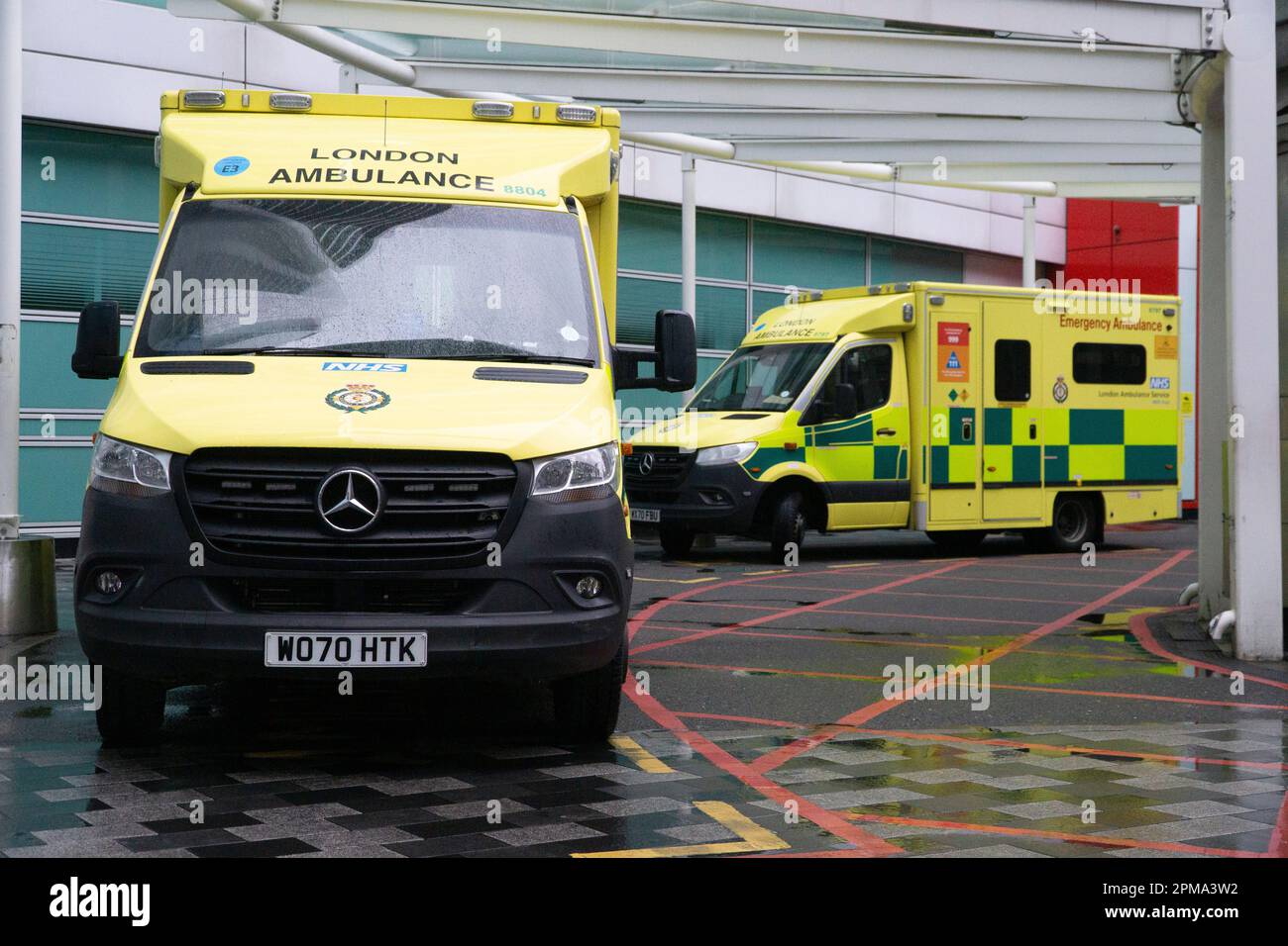 London, UK, 11 April 2023: An Ambulance parked outside the University College Hospital. Junior doctors are striking for four days this week and people are being warned to avoid Accident and Emergency departments unless they are at serious risk. Anna Watson/Alamy Live News Stock Photo