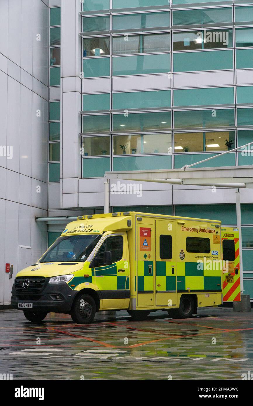 London, UK, 11 April 2023: An Ambulance parked outside the University College Hospital. Junior doctors are striking for four days this week and people are being warned to avoid Accident and Emergency departments unless they are at serious risk. Anna Watson/Alamy Live News Stock Photo
