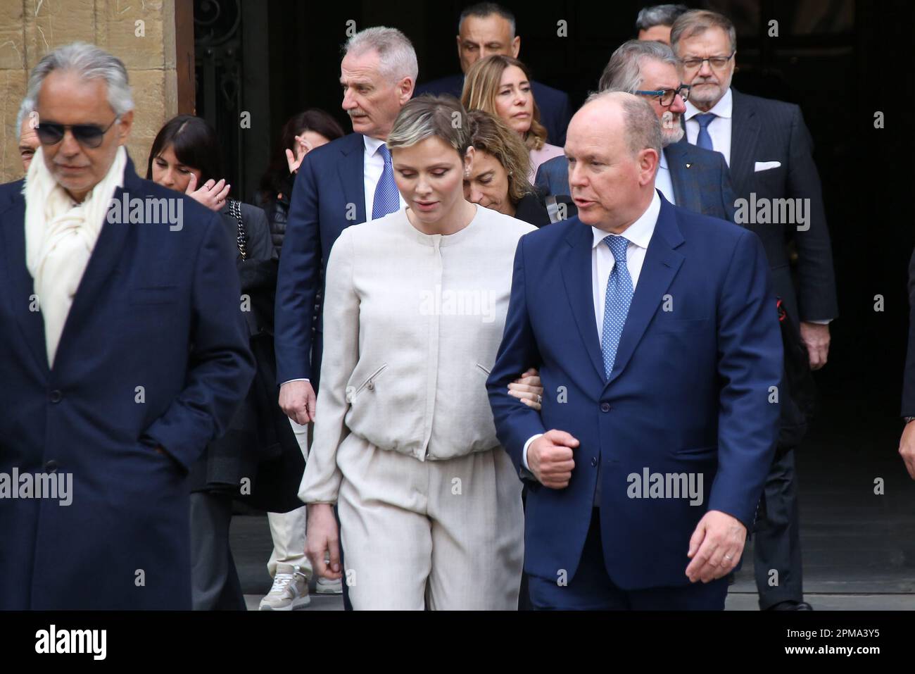 Florence, Italy. 12th Apr, 2023. PRESSPHOTO Florence, Prince Albert of Monaco with his wife Charlène Wittstock leave Palazzo Gondi, guests of the Andrea Bocelli Foundation New Press Photo Editorial Usage Only Credit: Independent Photo Agency/Alamy Live News Stock Photo