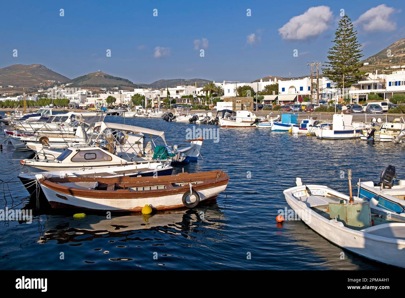 Boats in the harbour of Parikia, Paros, Cyclades, Cyclades island, Greece Stock Photo