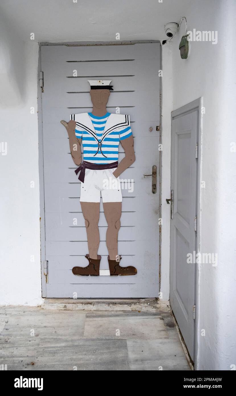 Image of a sailor on a door, Chora, Mykonos Town, Mykonos, Cyclades, Aegean Sea, Greece Stock Photo