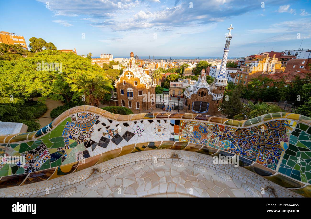 City view of Barcelona, Colourful mosaic, Park Gueell, Park by Antoni ...