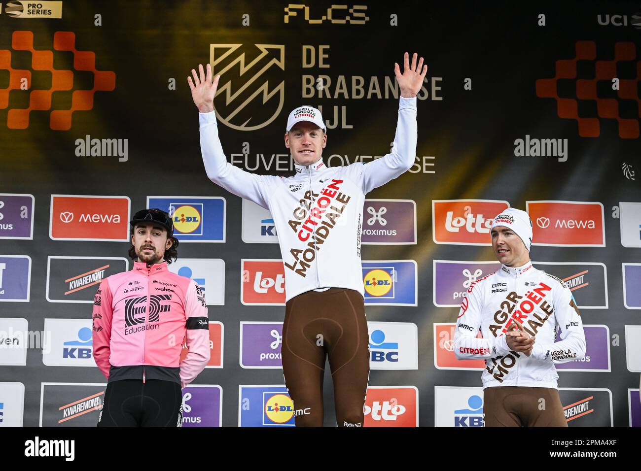 Overijse, Belgium. 12th Apr, 2023. Irish Ben Healy of EF Education-EasyPost, French Dorian Godon of AG2R Citroen and French Benoit Cosnefroy of AG2R Citroen pictured on the podium after the men's 'Brabantse Pijl' one day cycling race, 205,1km from Leuven to Overijse on Wednesday 12 April 2023. BELGA PHOTO TOM GOYVAERTS Credit: Belga News Agency/Alamy Live News Stock Photo