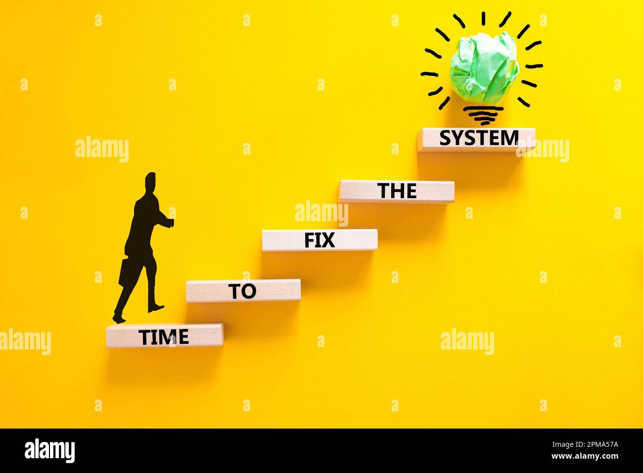 Time to fix the system symbol. Concept words Time to fix the system on wooden block. Beautiful yellow table yellow background. Businessman icon. Busin Stock Photo