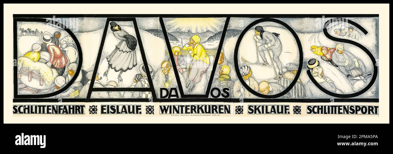 DAVOS vintage 1900s  winter sports poster promoting Sled Ride/Skating/Winter Skiing/ Courses/ Davos Switzerland Stock Photo