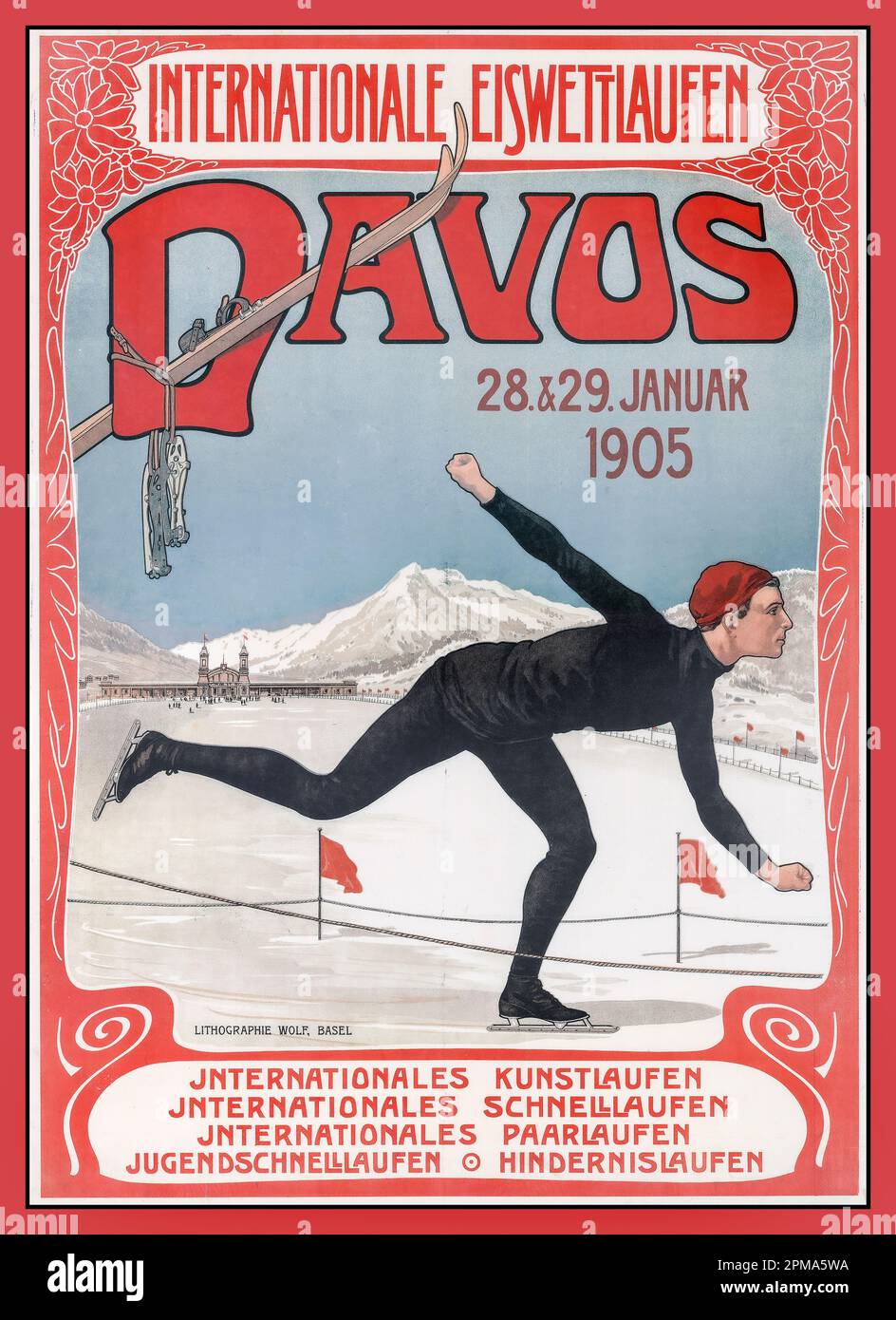 DAVOS Vintage 1900s Winter Sports DAVOS International ice skating – Davos Date 1905 lithograph illustration artist  Walther Koch  (1875–1915) Stock Photo