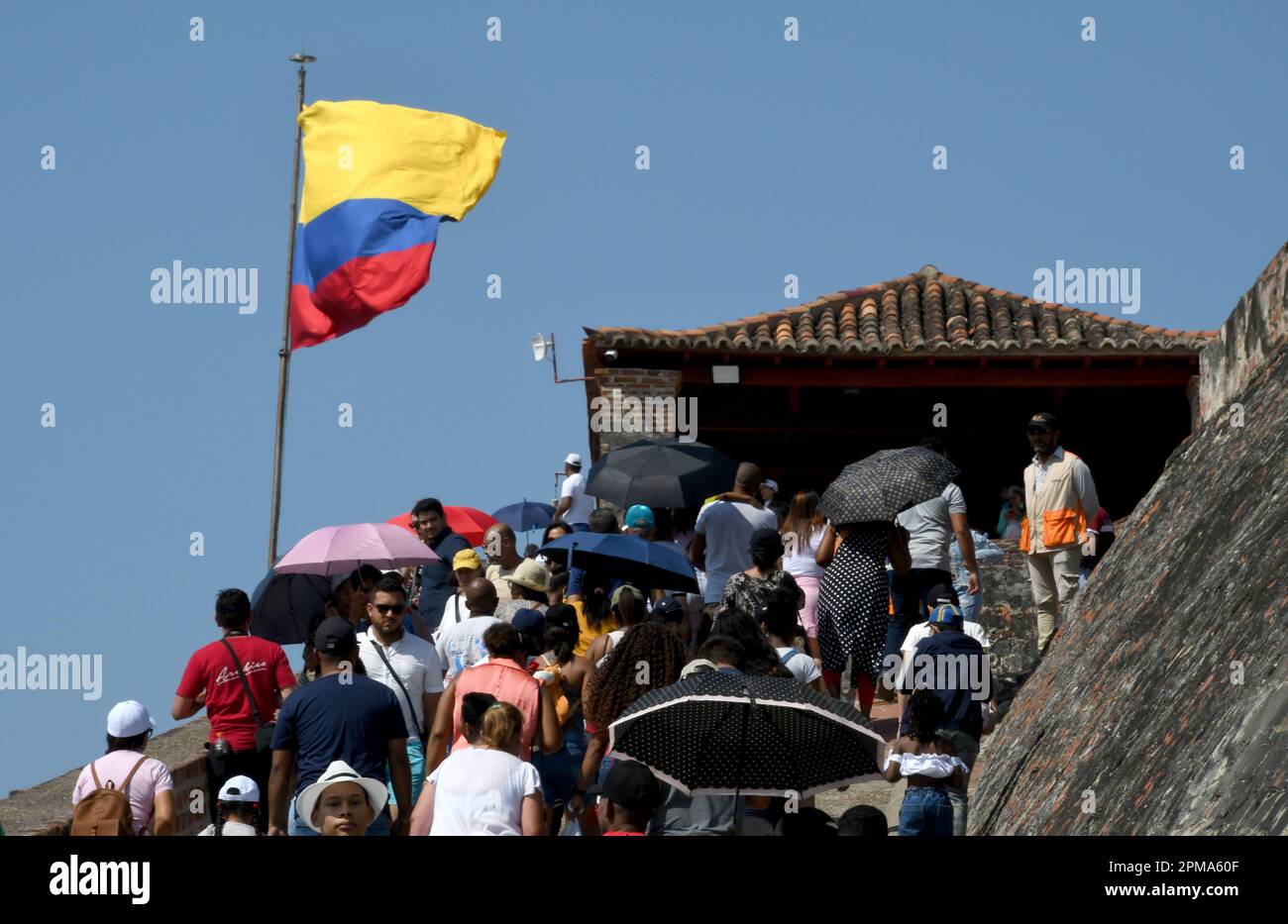 Cartagena, USA. 26th Feb, 2023. The Colombian flag flies at Castillo