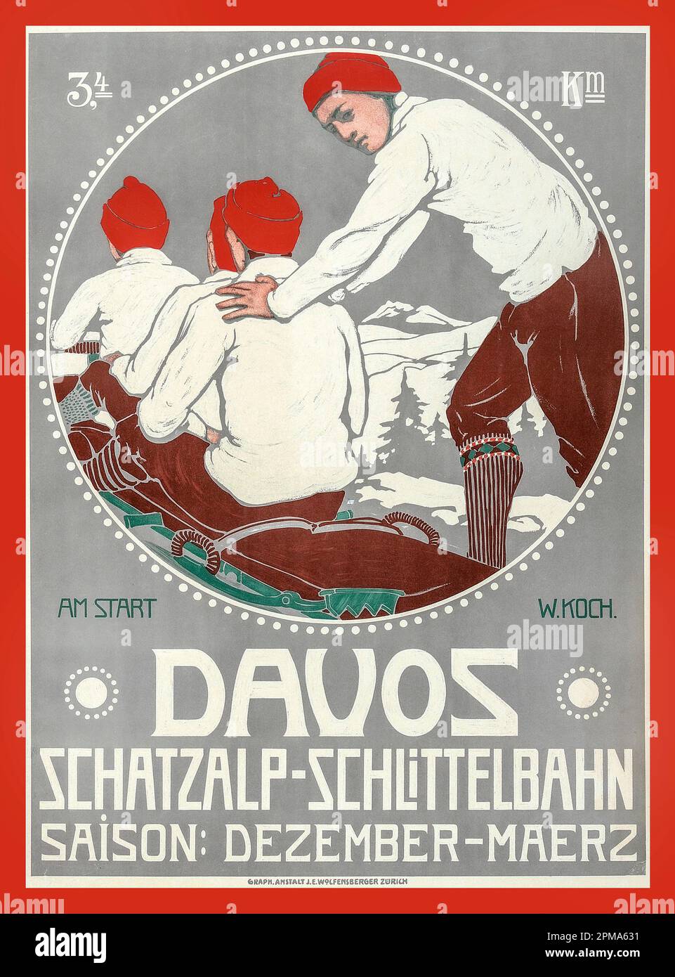 DAVOS TOBOGGAN RUN Vintage 1900s Winter Sports Poster Lithograph Davos toboggan run, 1911. Colour lithograph. Graph Institution J.E. Wolfensberger Zurich Switzerland Walther Koch  (1875–1915) Stock Photo