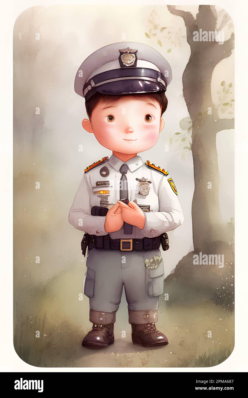 An illustration of a cartoon man dressed in a crisp military uniform  standing proudly in front of a lush tree in a watercolor painting style  Stock Photo - Alamy