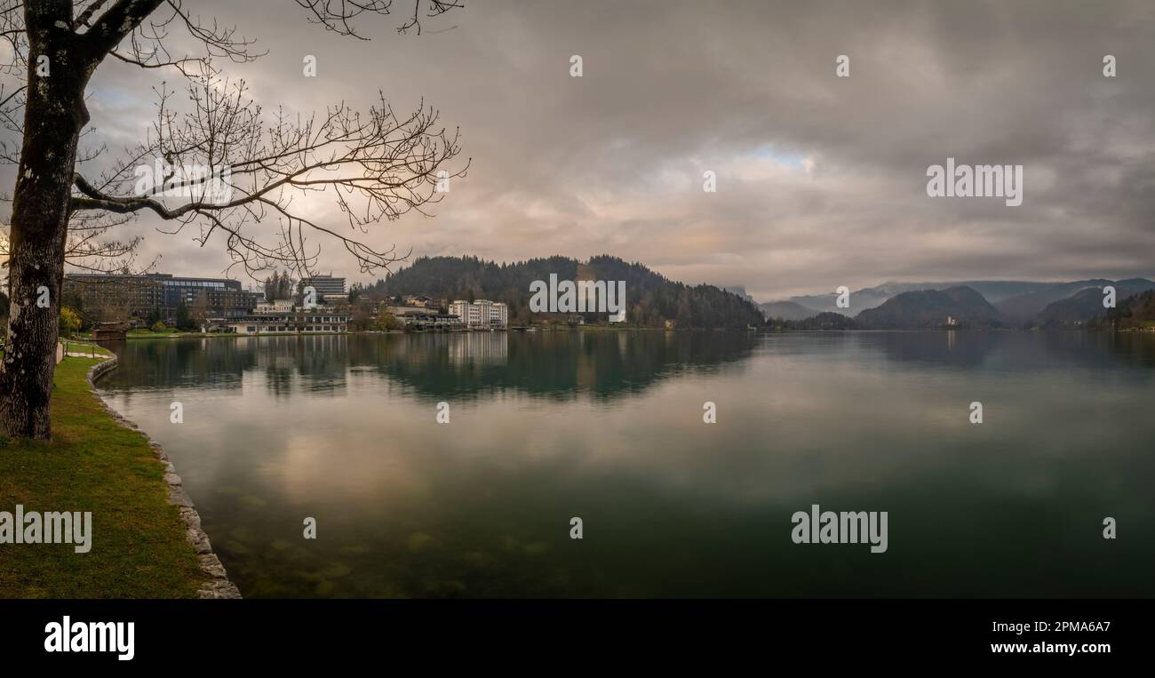 Bled no color lake in dark cloudy spring morning in town Bled 03 31 2023 Stock Photo