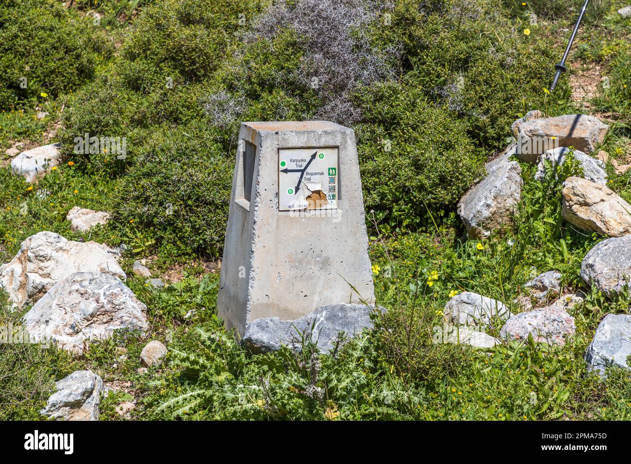 Beşparmak Trail Five Finger Mountains Marker Stone in North Cyprus. Hiking trail from Karmin to St. Hilarion Stock Photo