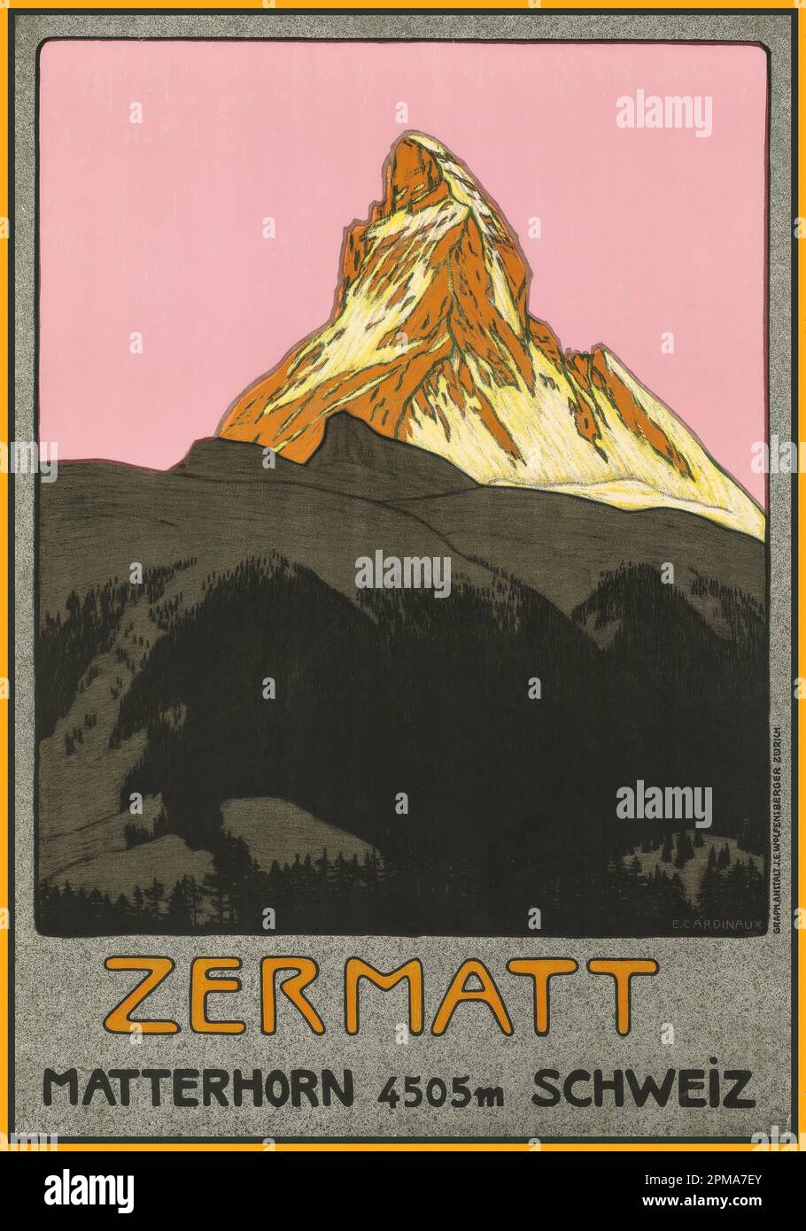 MATTERHORN ZERMATT Vintage 1900s Travel Poster Zermatt, Matterhorn 4505m Schweiz Switzerland by Emil Cardinaux  (1877–1936)  1908 Abstract Lithograph Illustration Stock Photo