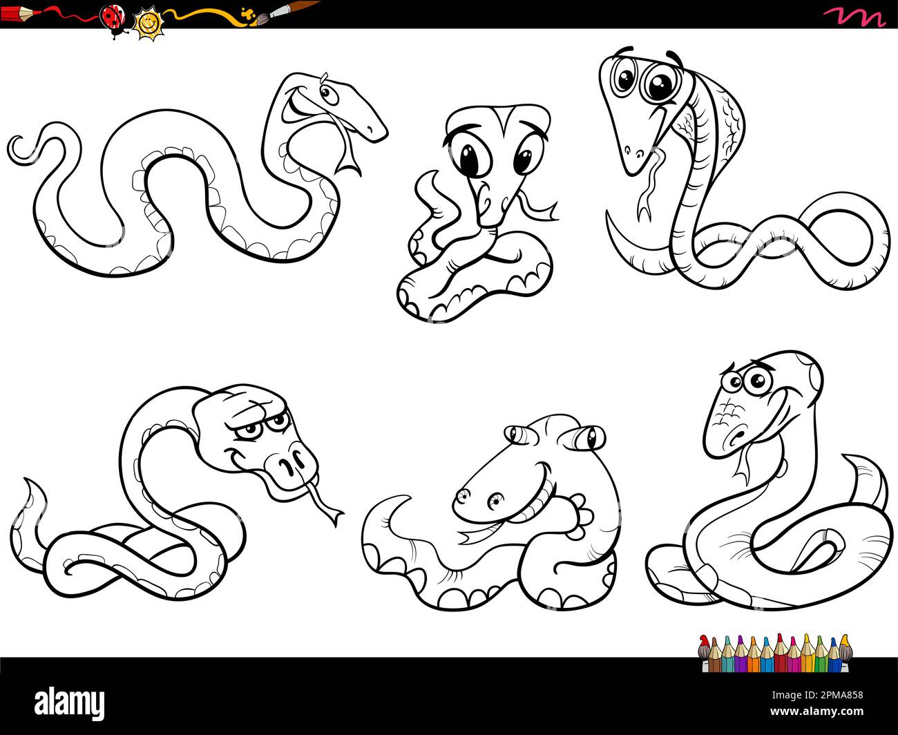 Black and white cartoon humorous illustration of snakes animal characters set coloring page Stock Vector