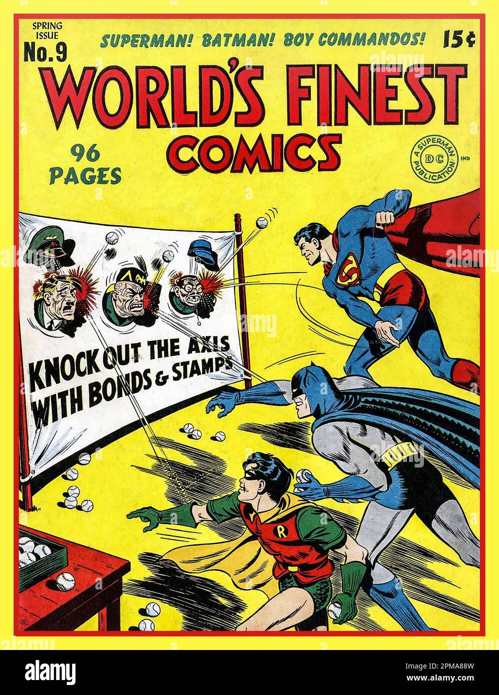 WW2 1940s Comic Propaganda cartoon in 'Worlds Finest Comics', with Batman , Robin and Superman, American super heroes throwing balls at a funfair set with targets of Adolf Hitler, Benito Mussolini and Emperor Hirohito. The Enemy Axis Powers In World War II Second World War. 'Knock Out The Axis With Bonds & Stamps' Stock Photo