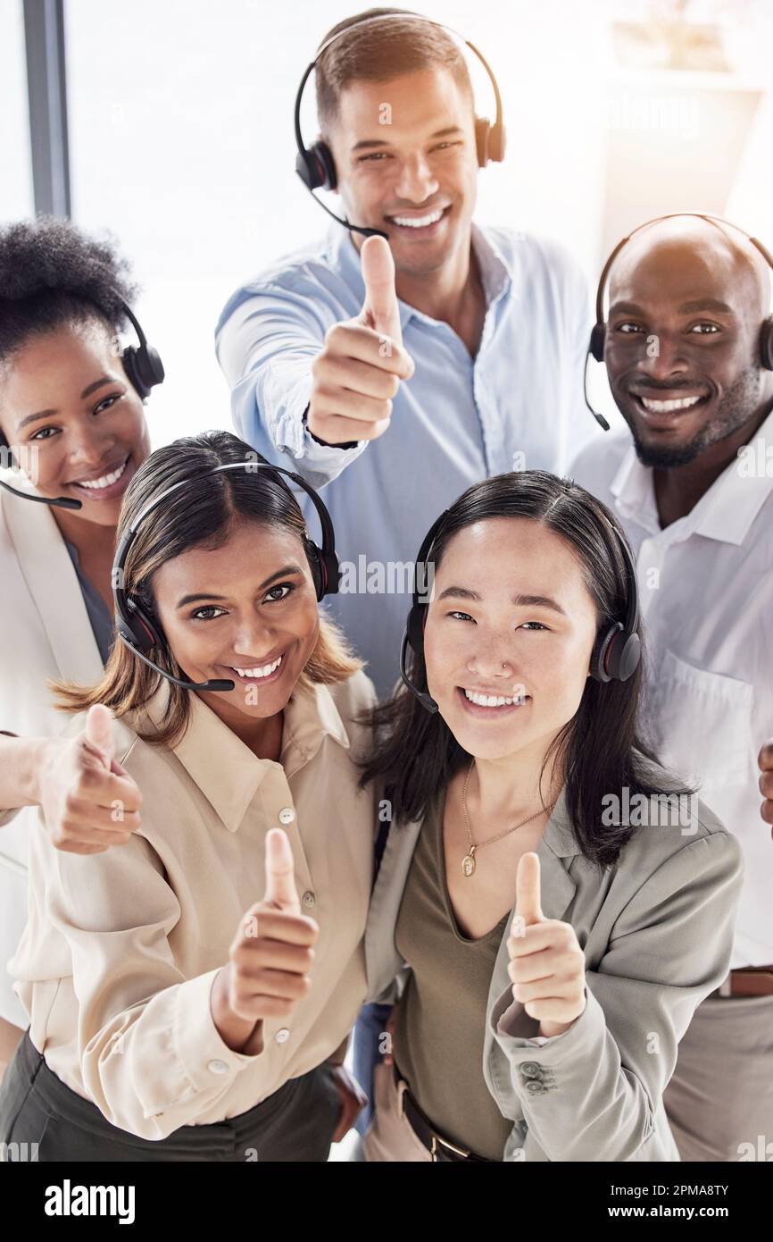 Portrait, call center and happy business people with thumbs up for ...