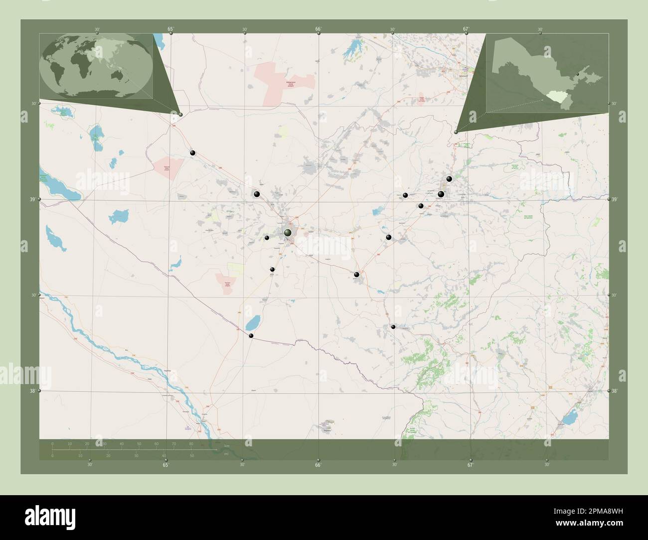 Kashkadarya, region of Uzbekistan. Open Street Map. Locations of major ...