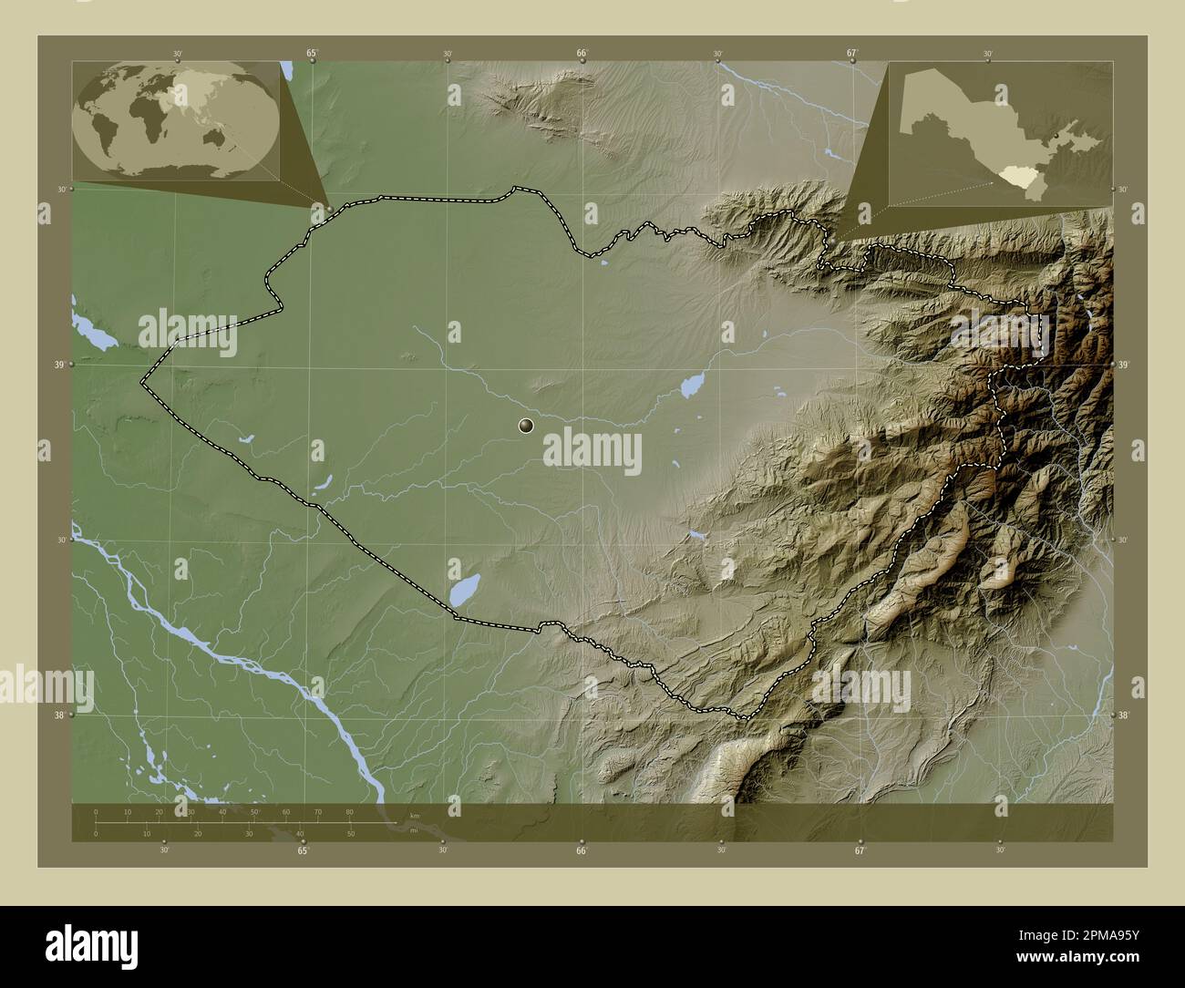 Kashkadarya, region of Uzbekistan. Elevation map colored in wiki style ...