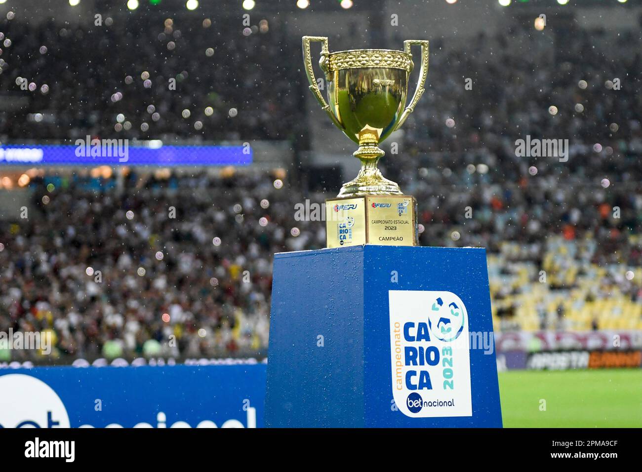 Rio, Brazil - april 9, 2023, Cup on display in match between Fluminense vs Flamengo by final round of Carioca Championship, in Maracana Stadium Stock Photo
