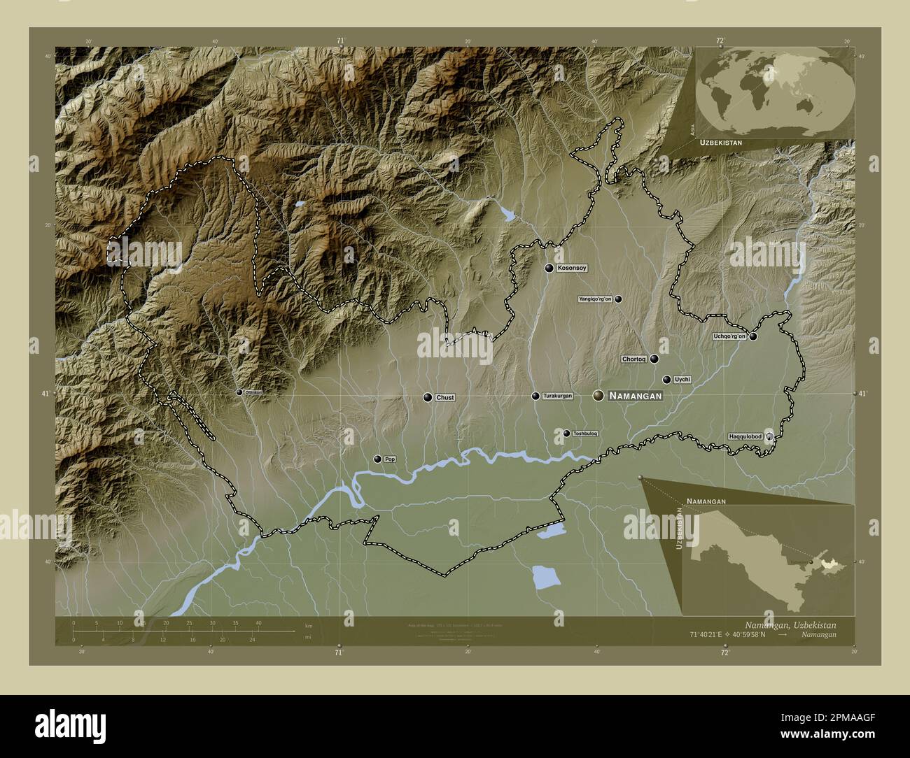 Namangan, region of Uzbekistan. Elevation map colored in wiki style with  lakes and rivers. Locations and names of major cities of the region. Corner  a Stock Photo - Alamy