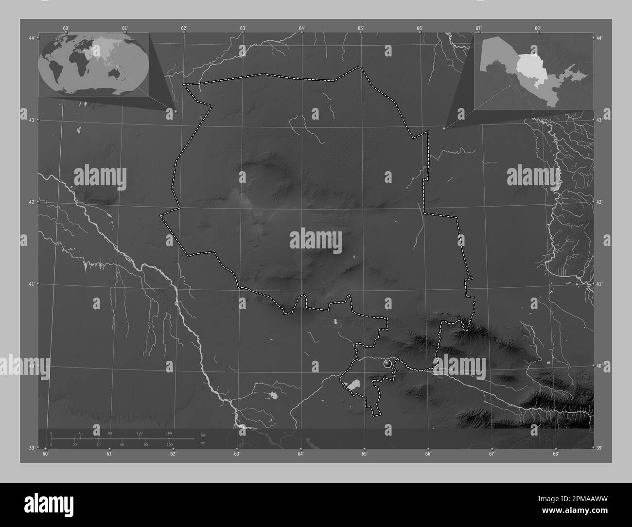 Navoi, region of Uzbekistan. Grayscale elevation map with lakes and ...