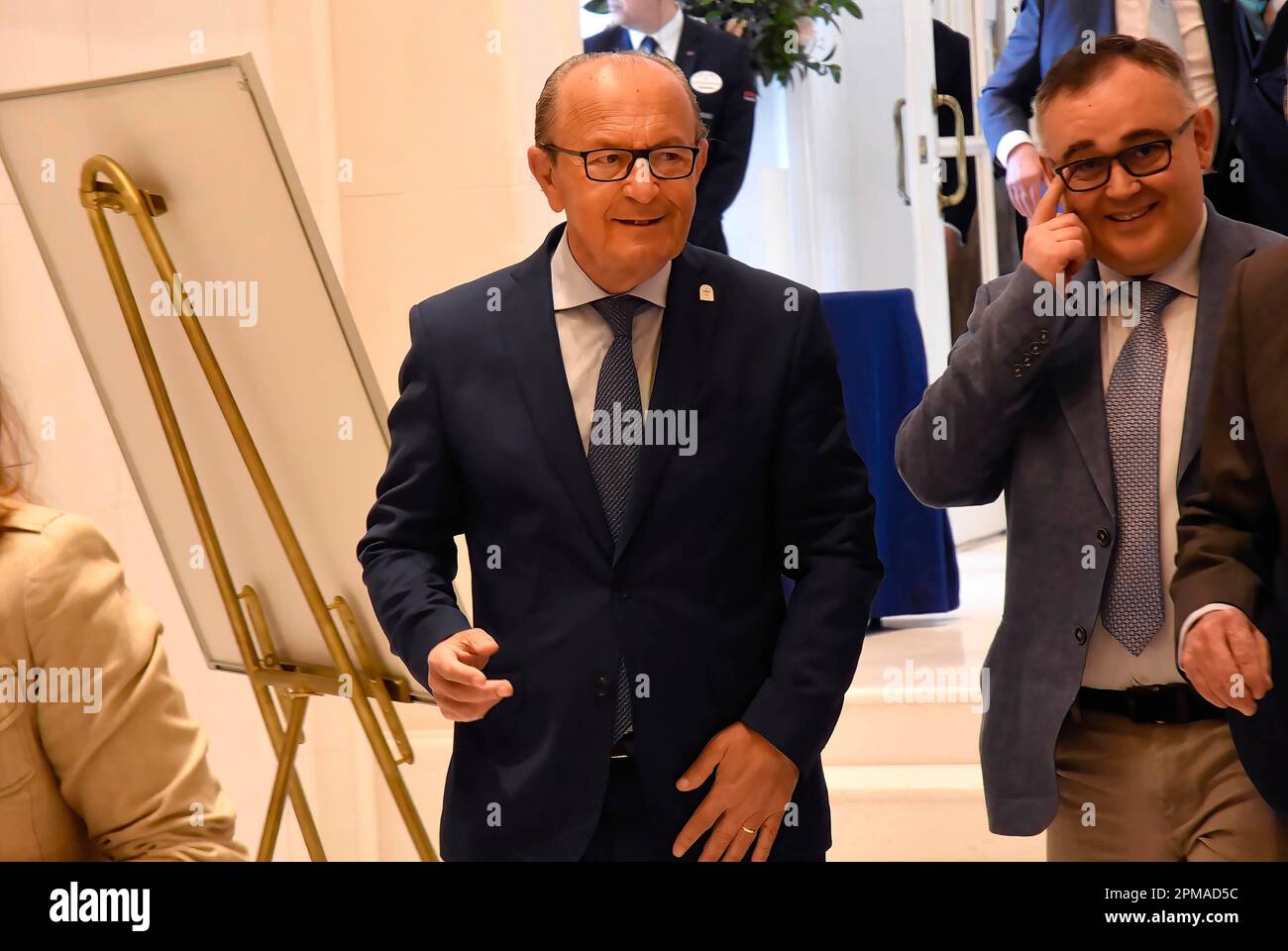 Madrid, Spain. 12th Apr, 2023. The Minister of tourism of the Government of Cantabria, Francisco Javier López Marcano, seen arriving at the Ritz Hotel during the presentation. The president of Cantabria, together with colleagues from the Cantabrian Regionalist Party, presented his candidacy for re-election in Madrid. Credit: SOPA Images Limited/Alamy Live News Stock Photo