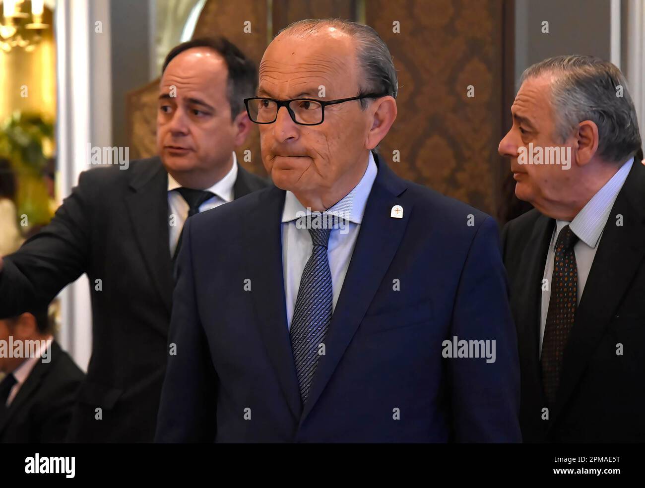 Madrid, Spain. 12th Apr, 2023. The Minister of tourism of the Government of Cantabria, Francisco Javier López Marcano, arrives at the Ritz Hotel during the presentation. The president of Cantabria, together with colleagues from the Cantabrian Regionalist Party, presented his candidacy for re-election in Madrid. (Photo by Richard Zubelzu/SOPA Images/Sipa USA) Credit: Sipa USA/Alamy Live News Stock Photo