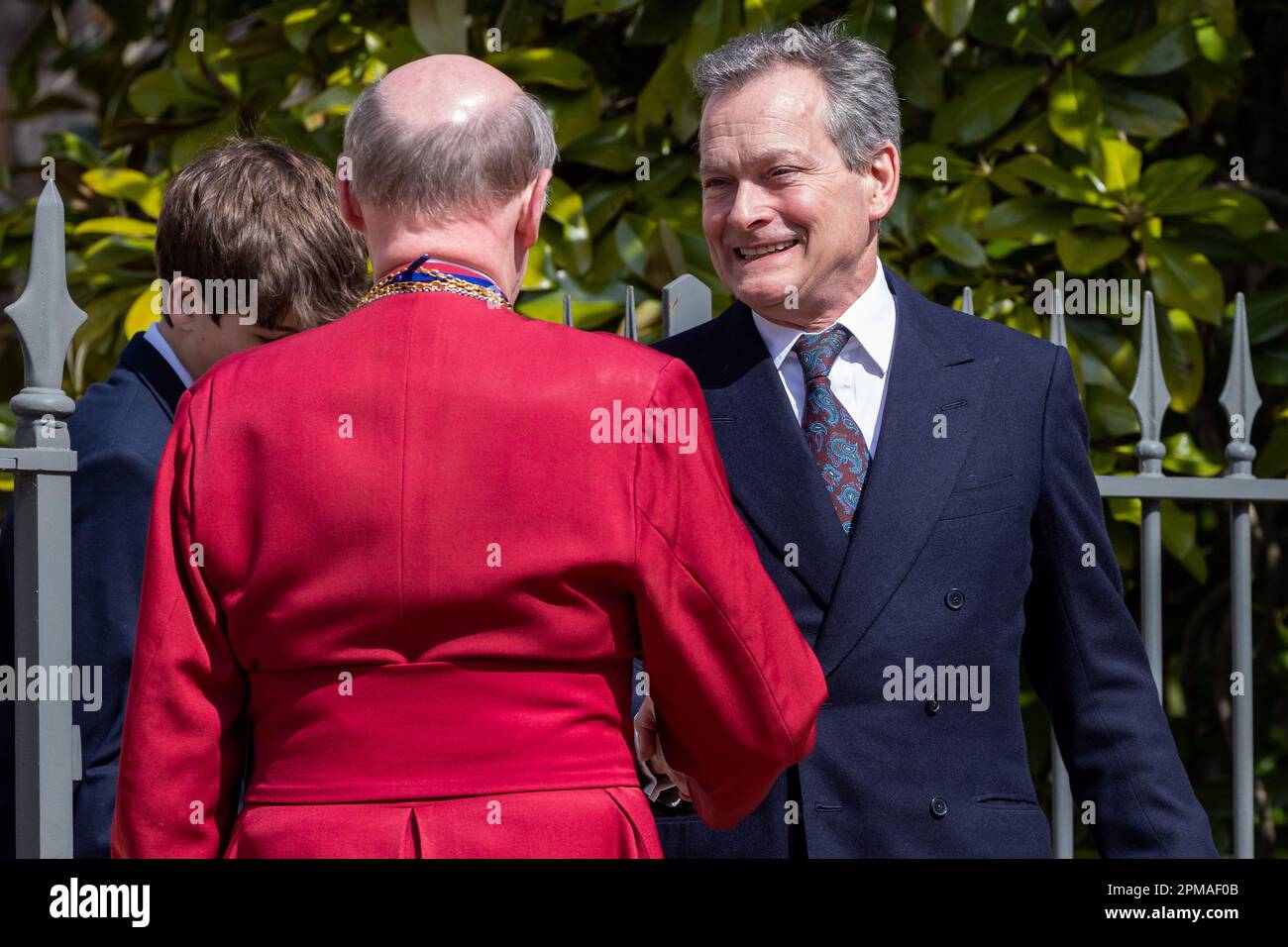 Windsor, UK. 9th April, 2023. Daniel Chatto talks to the Dean of Windsor, David Connor, following the Easter Sunday church service at St George's Chapel in Windsor Castle. Easter Sunday is the focal point of the Royal Family's Easter celebrations and this will be the first without Queen Elizabeth II. Credit: Mark Kerrison/Alamy Live News Stock Photo