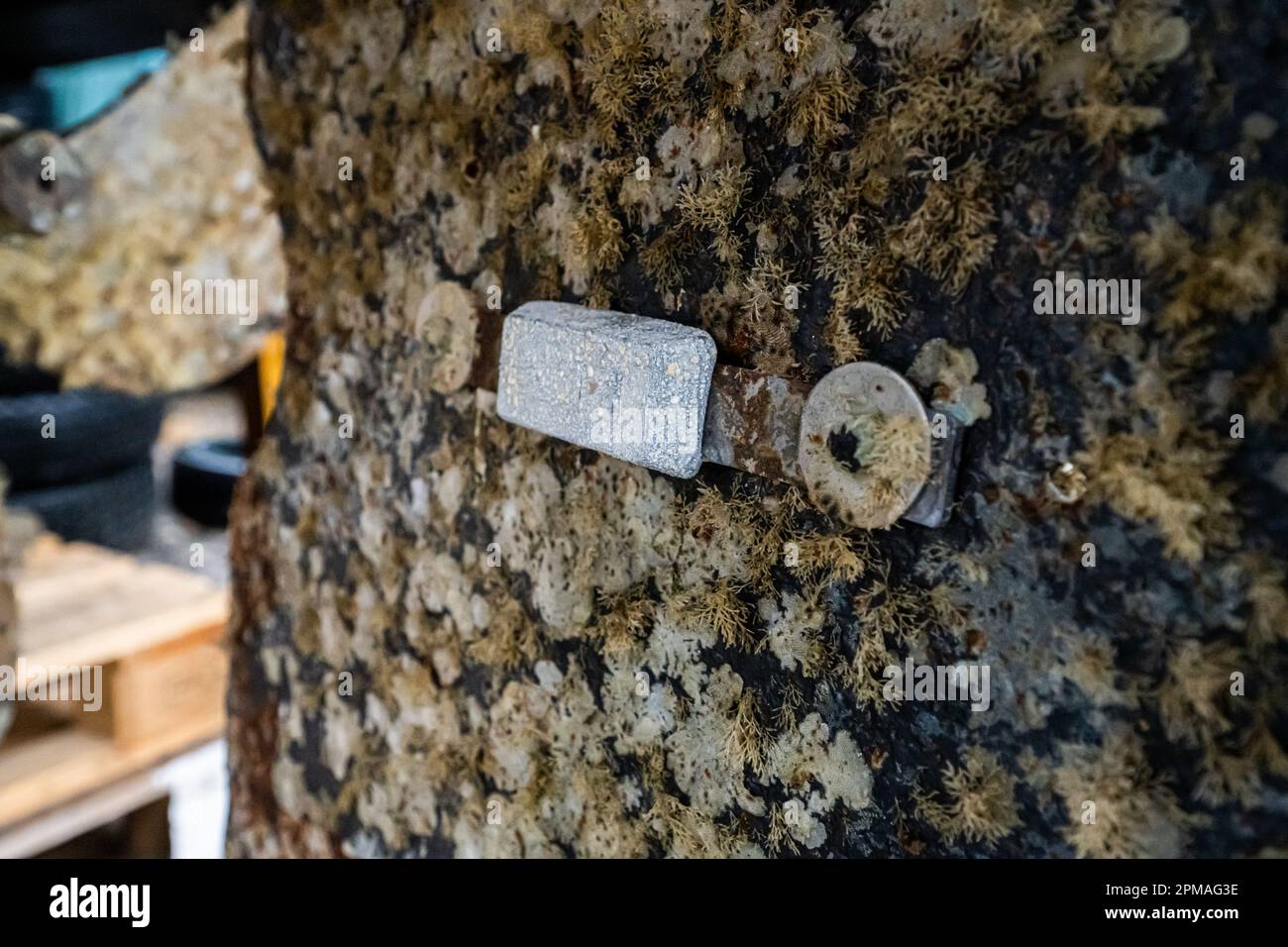 Zinc plate on a boat hull Stock Photo Alamy
