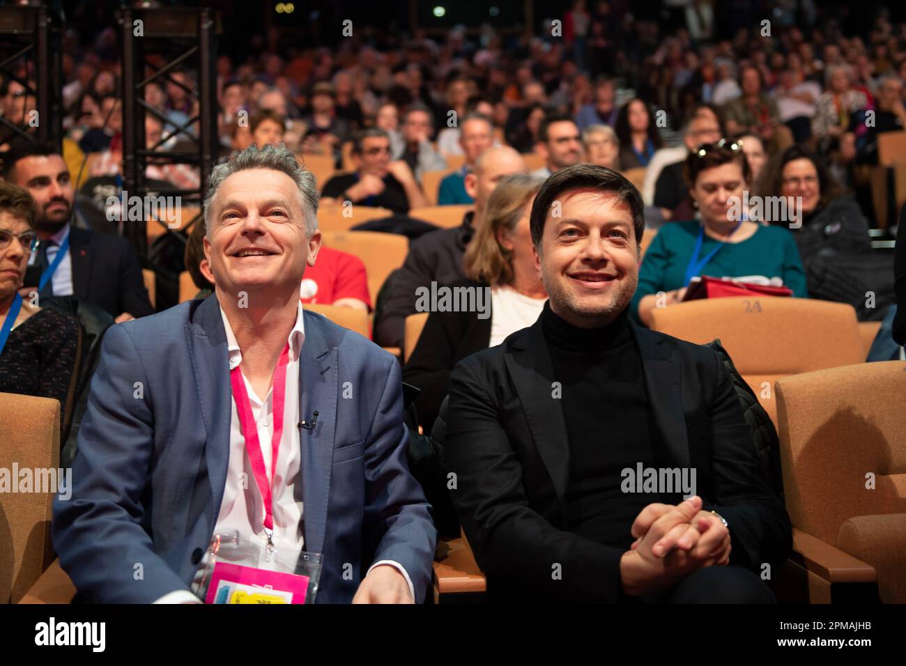 Marseille, France. 08th Apr, 2023. (from L to R): Fabien Roussel and benoit Payan are seen during the 39th Congress of the French Communist Party (PCF). The 39th Congress of the French Communist Party (PCF) takes place in Marseille from 7 to 10 April 2023. It reappoints Fabien Roussel as its leader. (Photo by Laurent Coust/SOPA Images/Sipa USA) Credit: Sipa USA/Alamy Live News Stock Photo