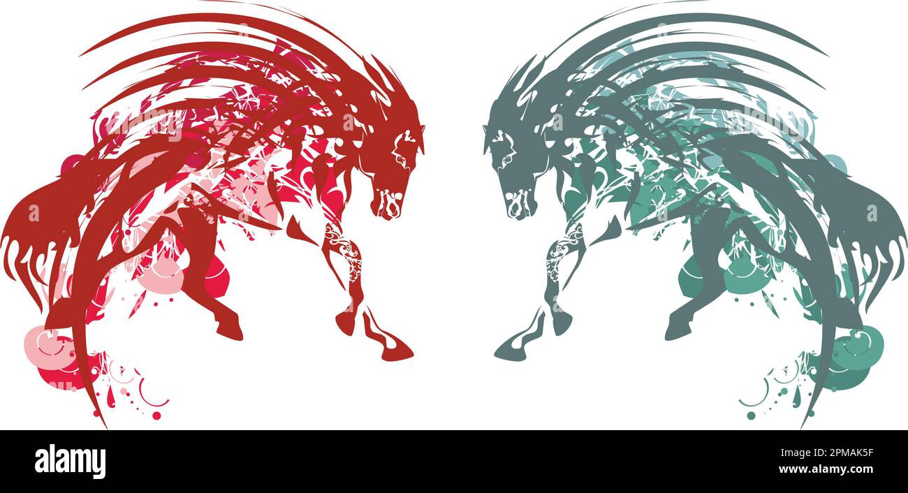 Red and green running horse splashes isolated on white for emblems or