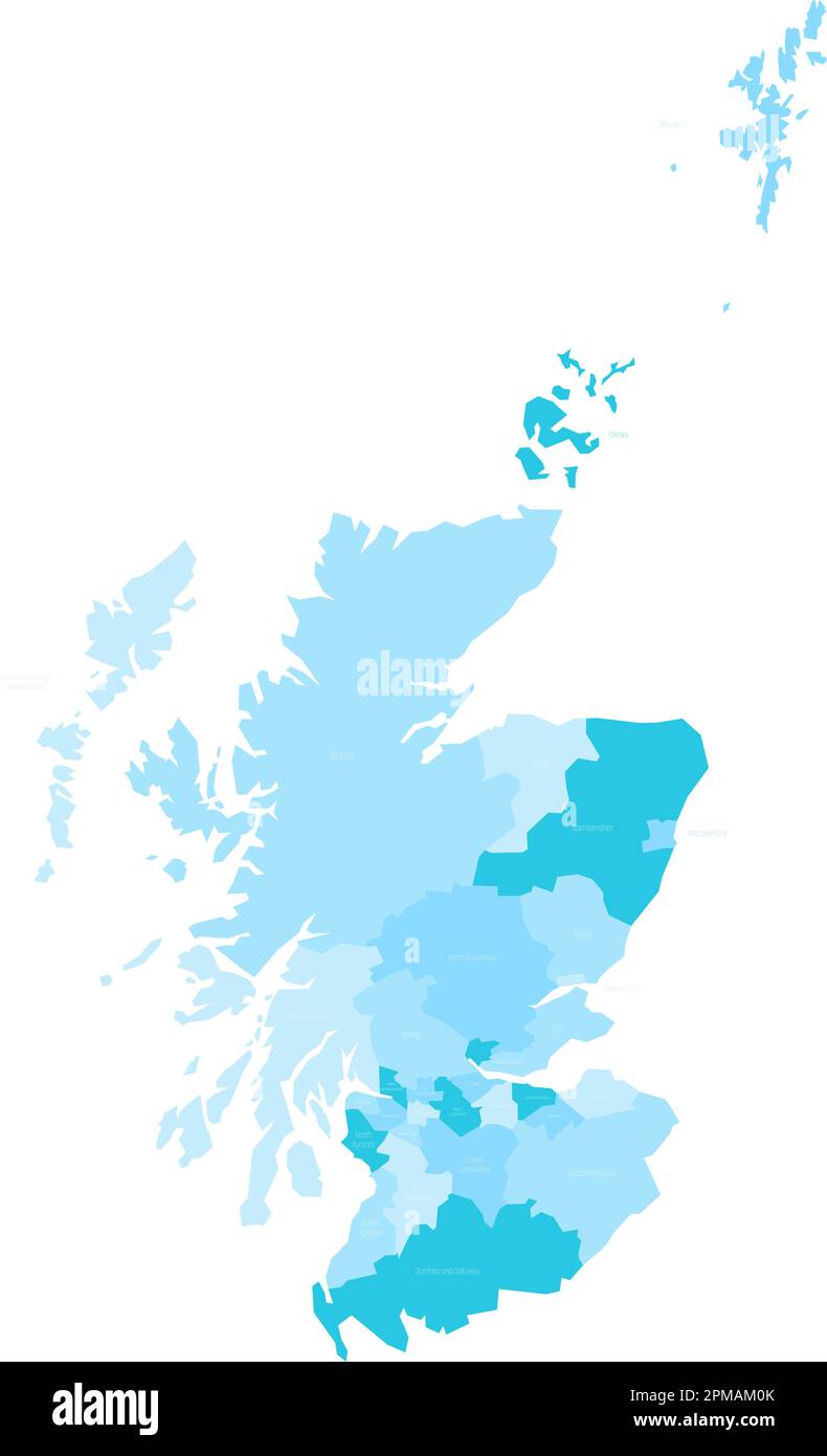 Council areas of Scotland. Blue vector map with labels. Stock Vector