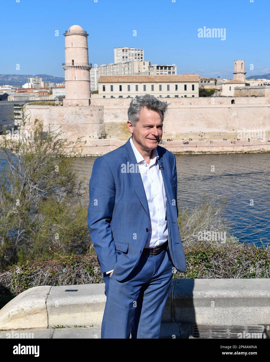 Marseille, France. 08th Apr, 2023. National Secretary Fabien Roussel is seen on the Palais du Pharo terrace with Marseille city in the background. The 39th Congress of the French Communist Party (PCF) takes place in Marseille from 7 to 10 April 2023. It reappoints Fabien Roussel as its leader. (Photo by Laurent Coust/SOPA Images/Sipa USA) Credit: Sipa USA/Alamy Live News Stock Photo