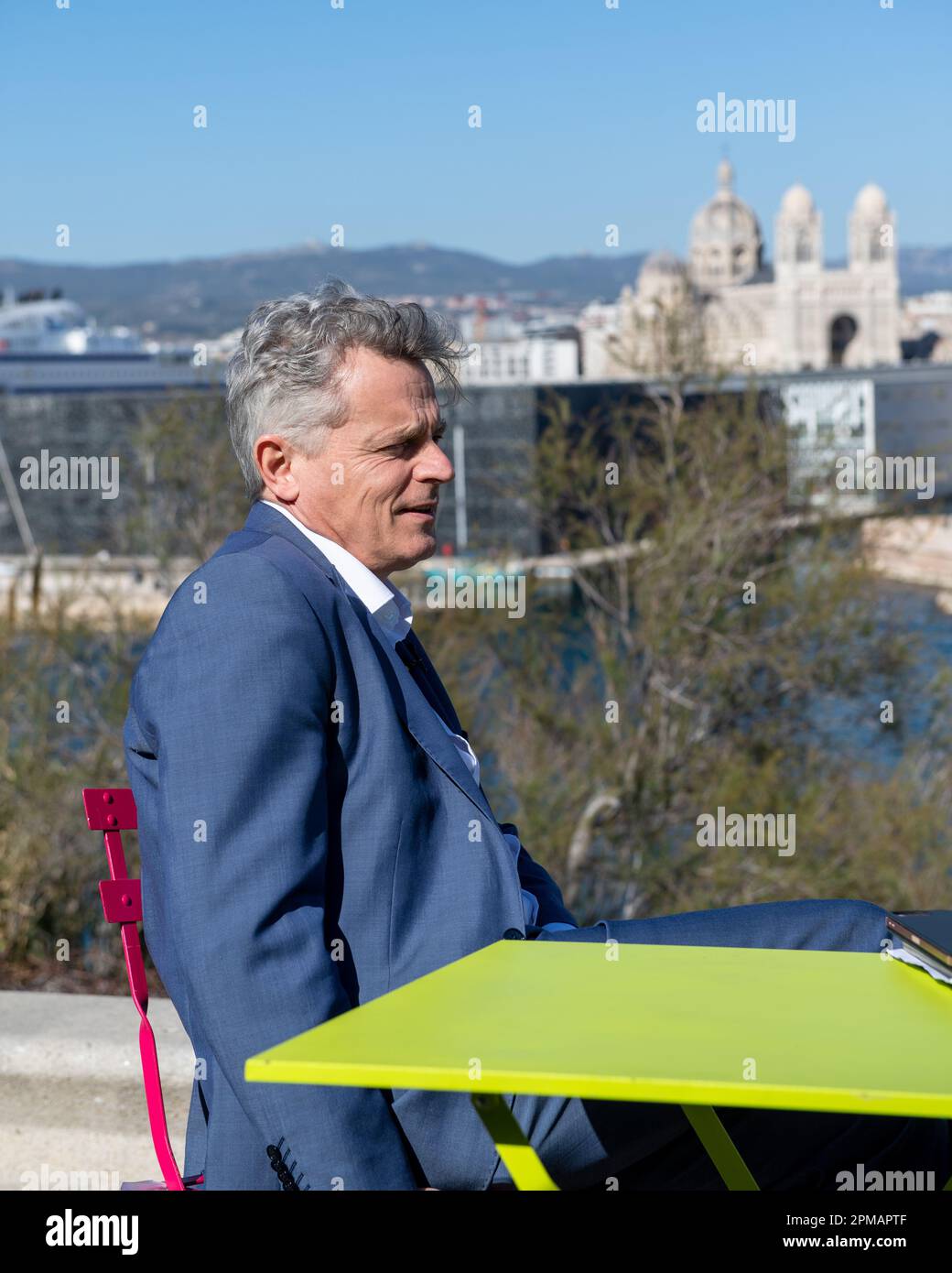 Marseille, France. 08th Apr, 2023. National Secretary Fabien Roussel is seen on the Palais du Pharo terrace with Marseille city in the background. The 39th Congress of the French Communist Party (PCF) takes place in Marseille from 7 to 10 April 2023. It reappoints Fabien Roussel as its leader. (Photo by Laurent Coust/SOPA Images/Sipa USA) Credit: Sipa USA/Alamy Live News Stock Photo
