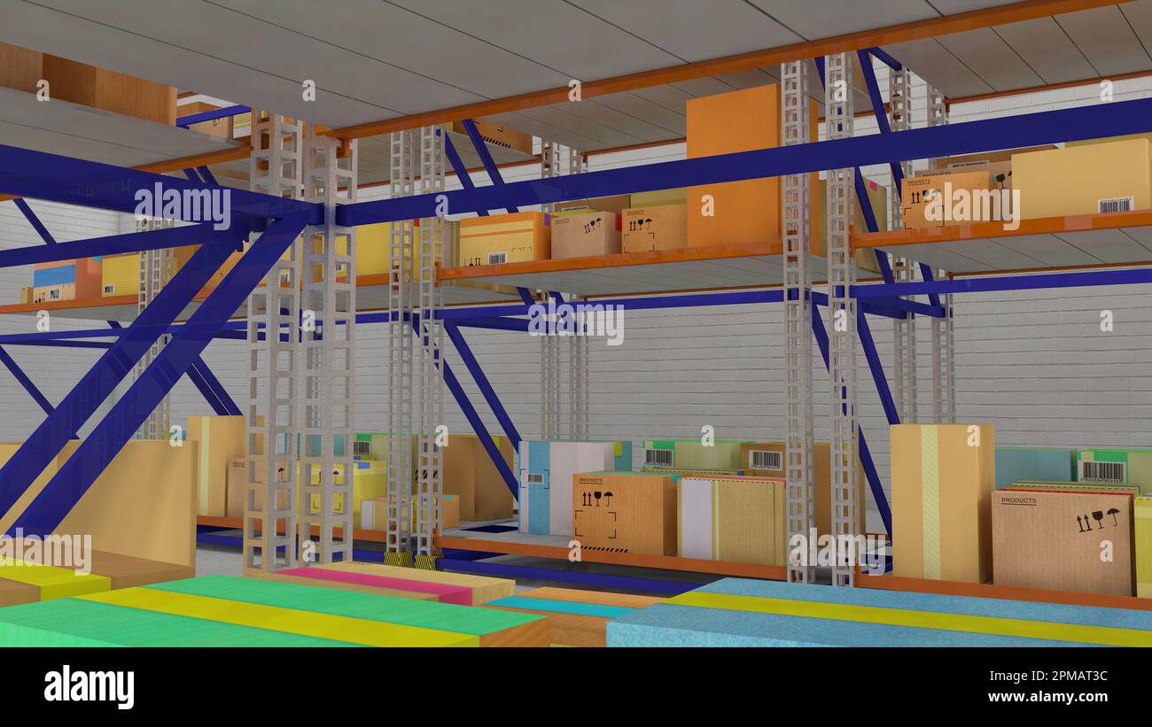 Platform Rack Render Warehouse with iron racks and boxes on them. 3d render Stock Photo - Alamy