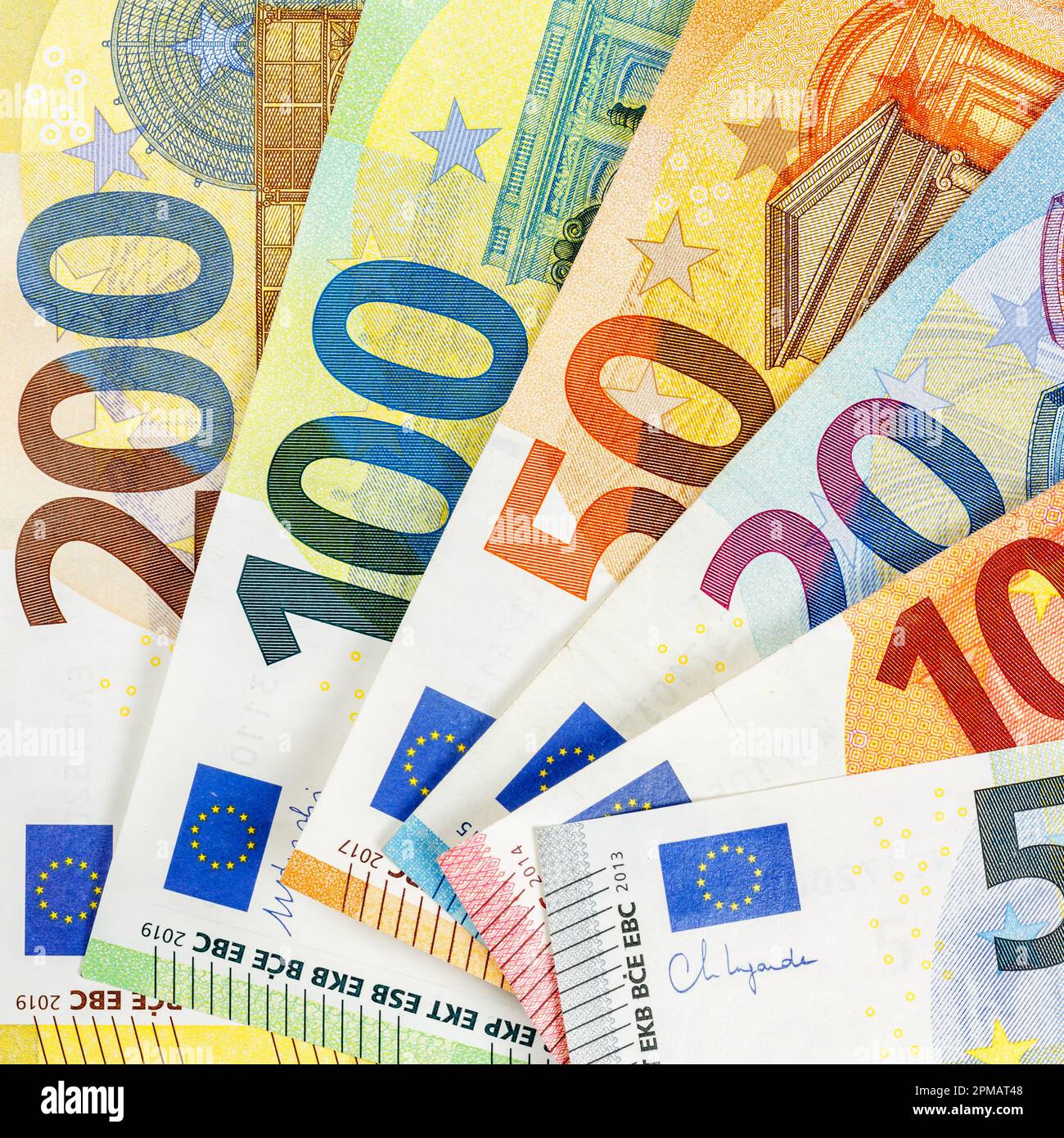 Euro banknotes bill saving money background pay paying finances bank notes banknote square rich Stock Photo