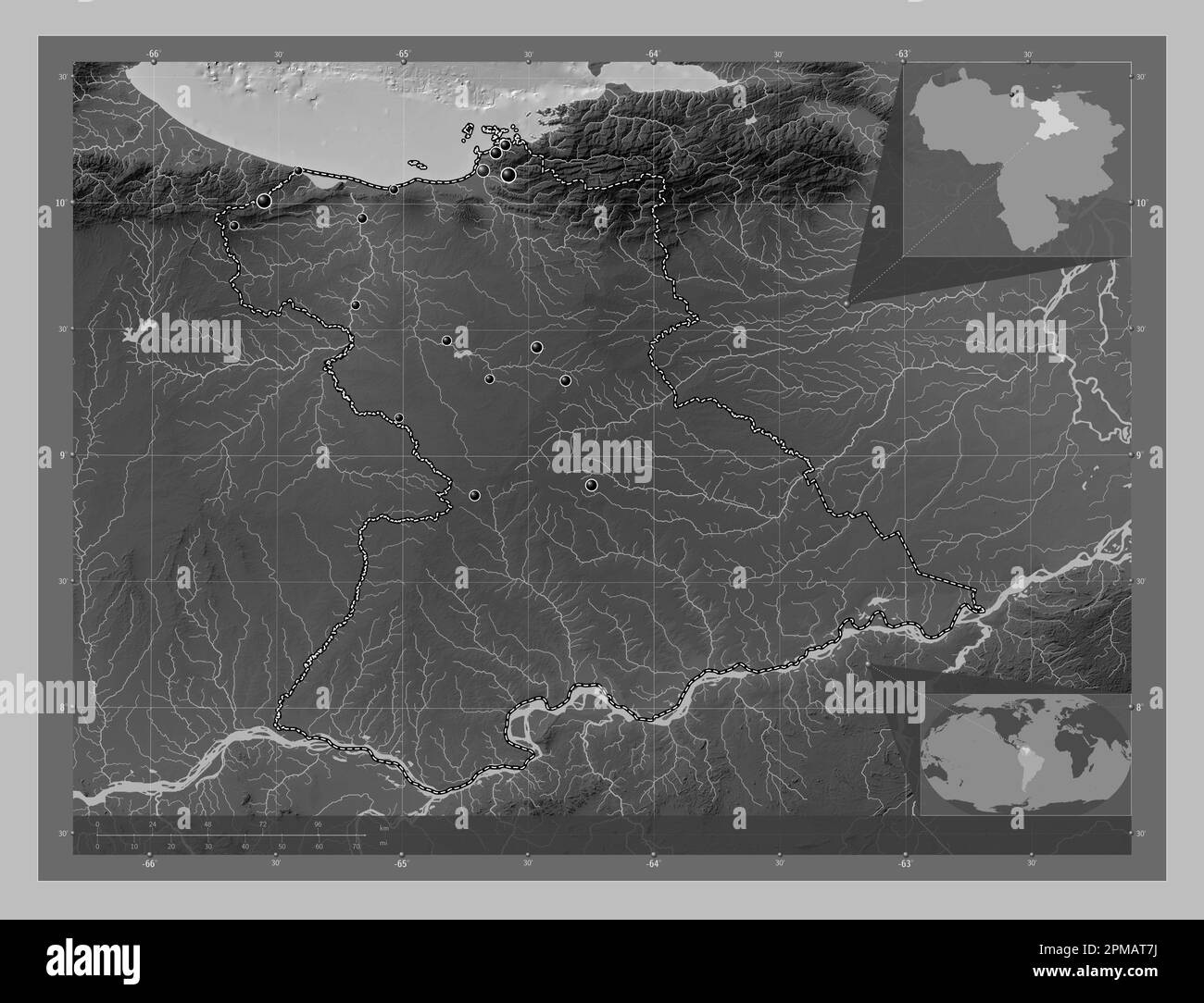 Anzoategui, state of Venezuela. Grayscale elevation map with lakes and rivers. Locations of major cities of the region. Corner auxiliary location maps Stock Photo