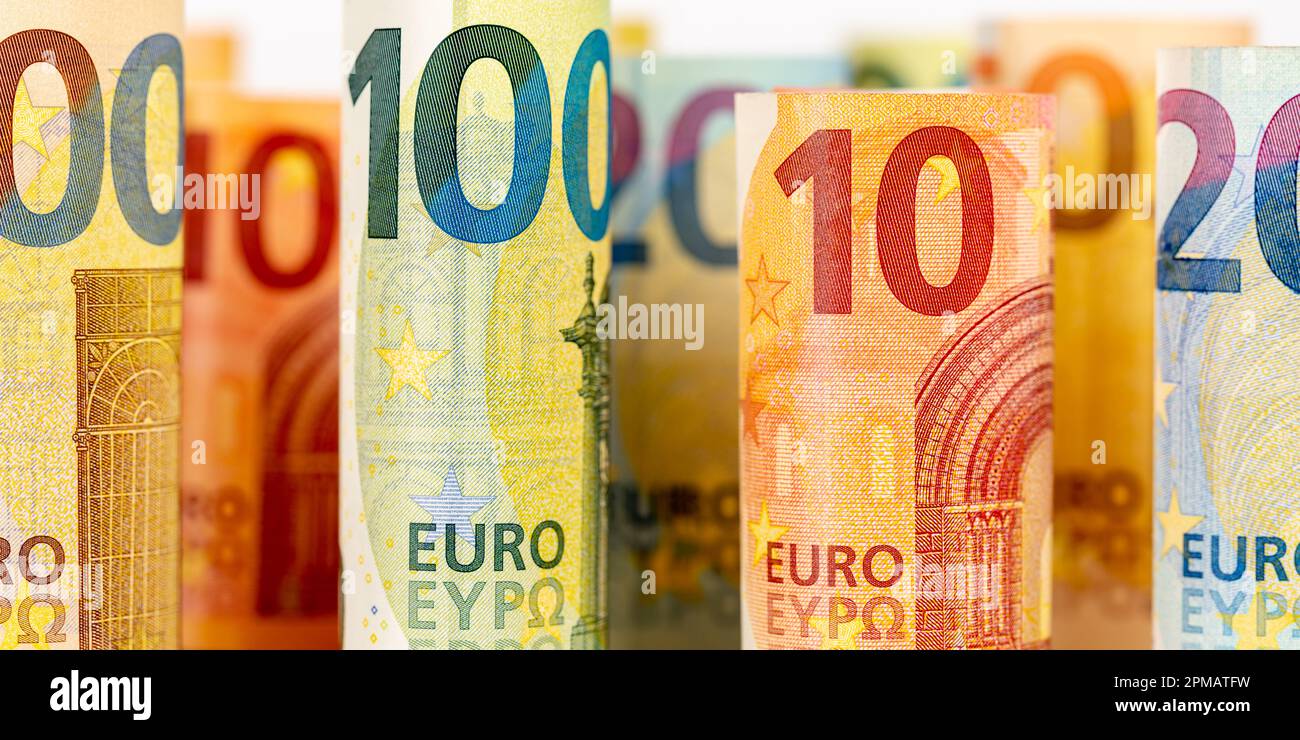 Euro banknotes bill saving money background pay paying finances banner bank notes banknote rich Stock Photo