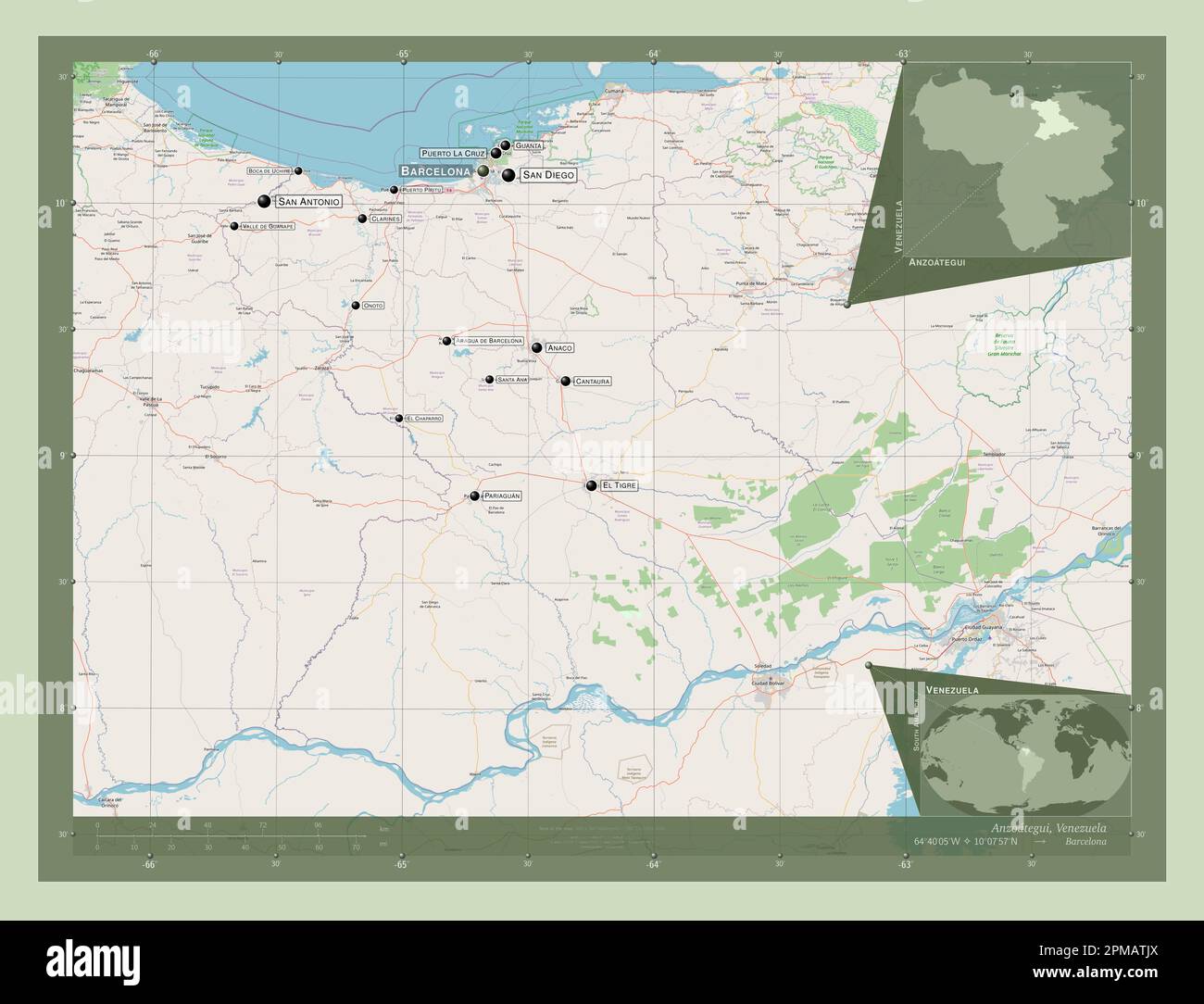 Anzoategui, state of Venezuela. Open Street Map. Locations and names of major cities of the region. Corner auxiliary location maps Stock Photo