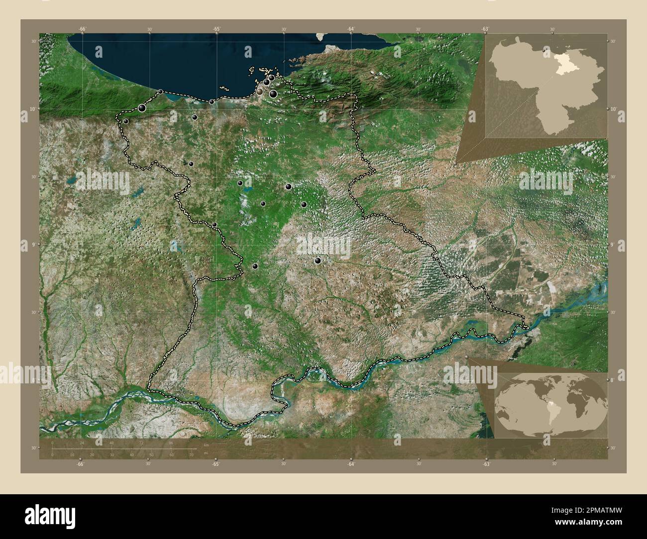 Anzoategui, state of Venezuela. High resolution satellite map. Locations of major cities of the region. Corner auxiliary location maps Stock Photo