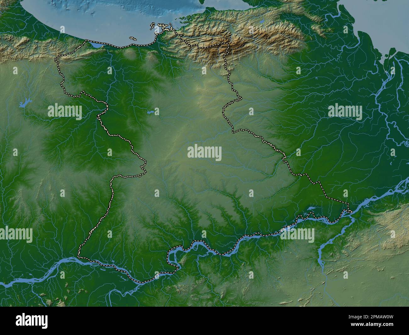 Anzoategui, state of Venezuela. Colored elevation map with lakes and rivers Stock Photo