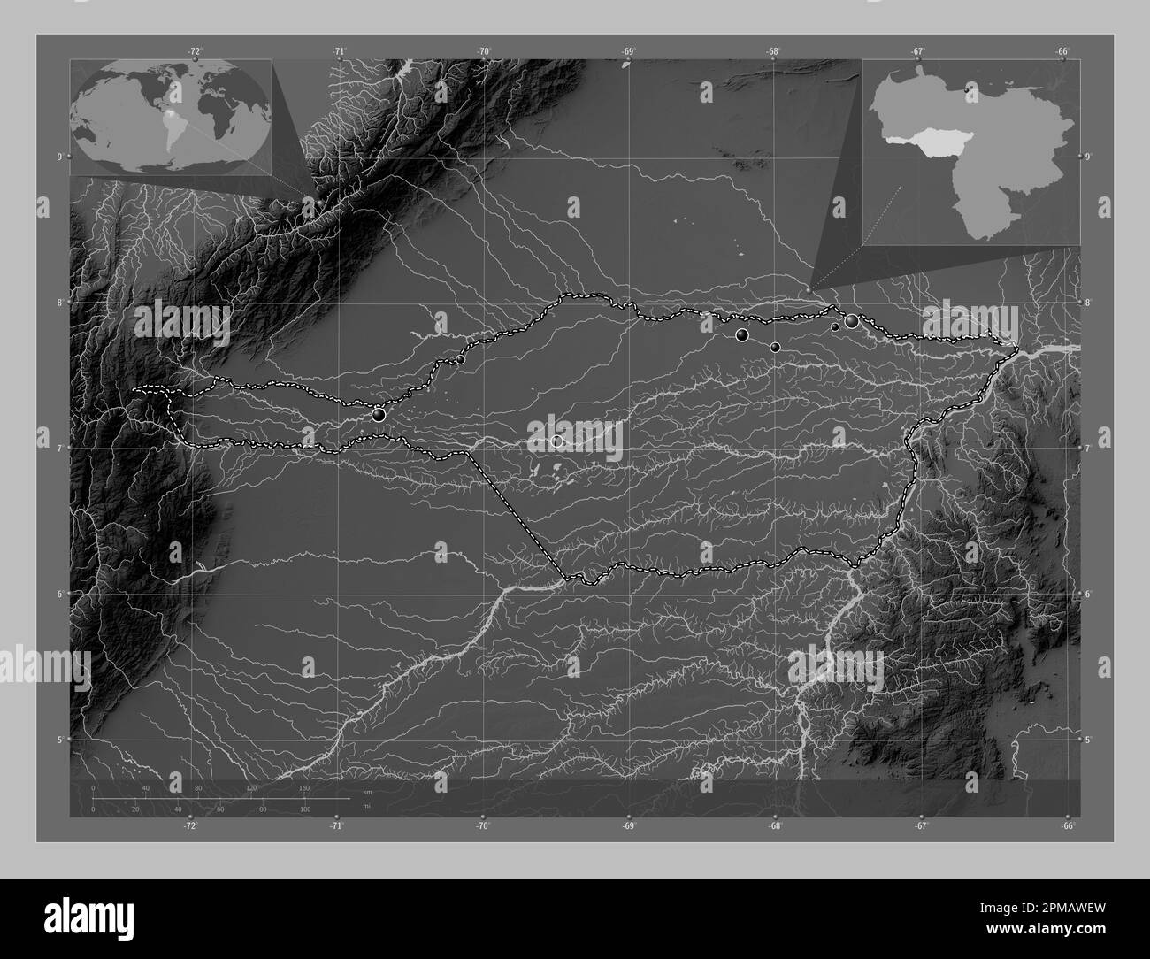 Apure, state of Venezuela. Grayscale elevation map with lakes and rivers. Locations of major cities of the region. Corner auxiliary location maps Stock Photo