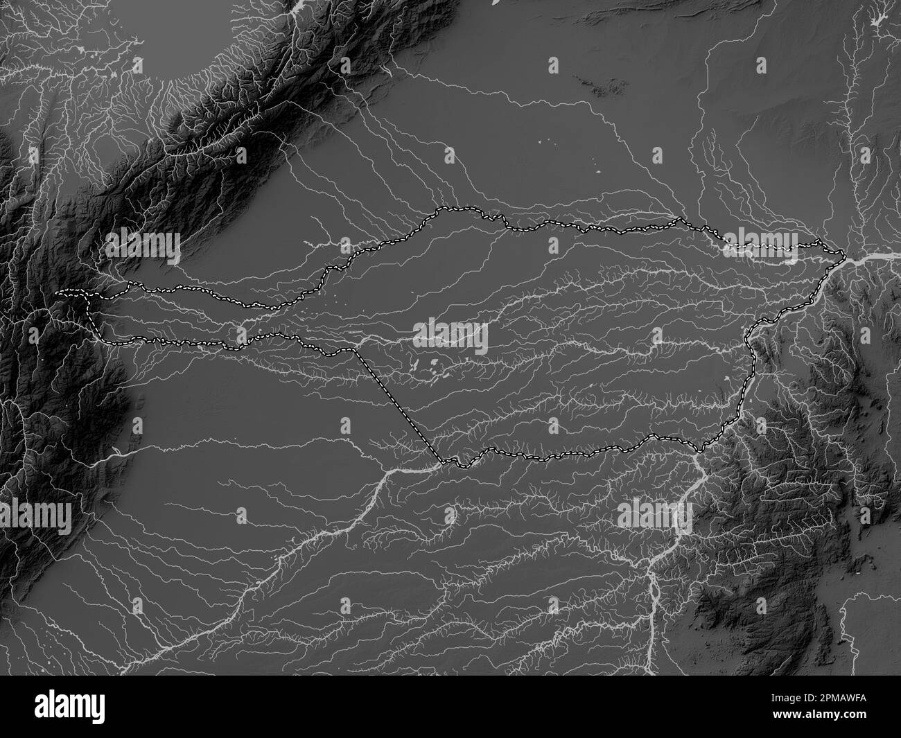 Apure, state of Venezuela. Grayscale elevation map with lakes and rivers Stock Photo