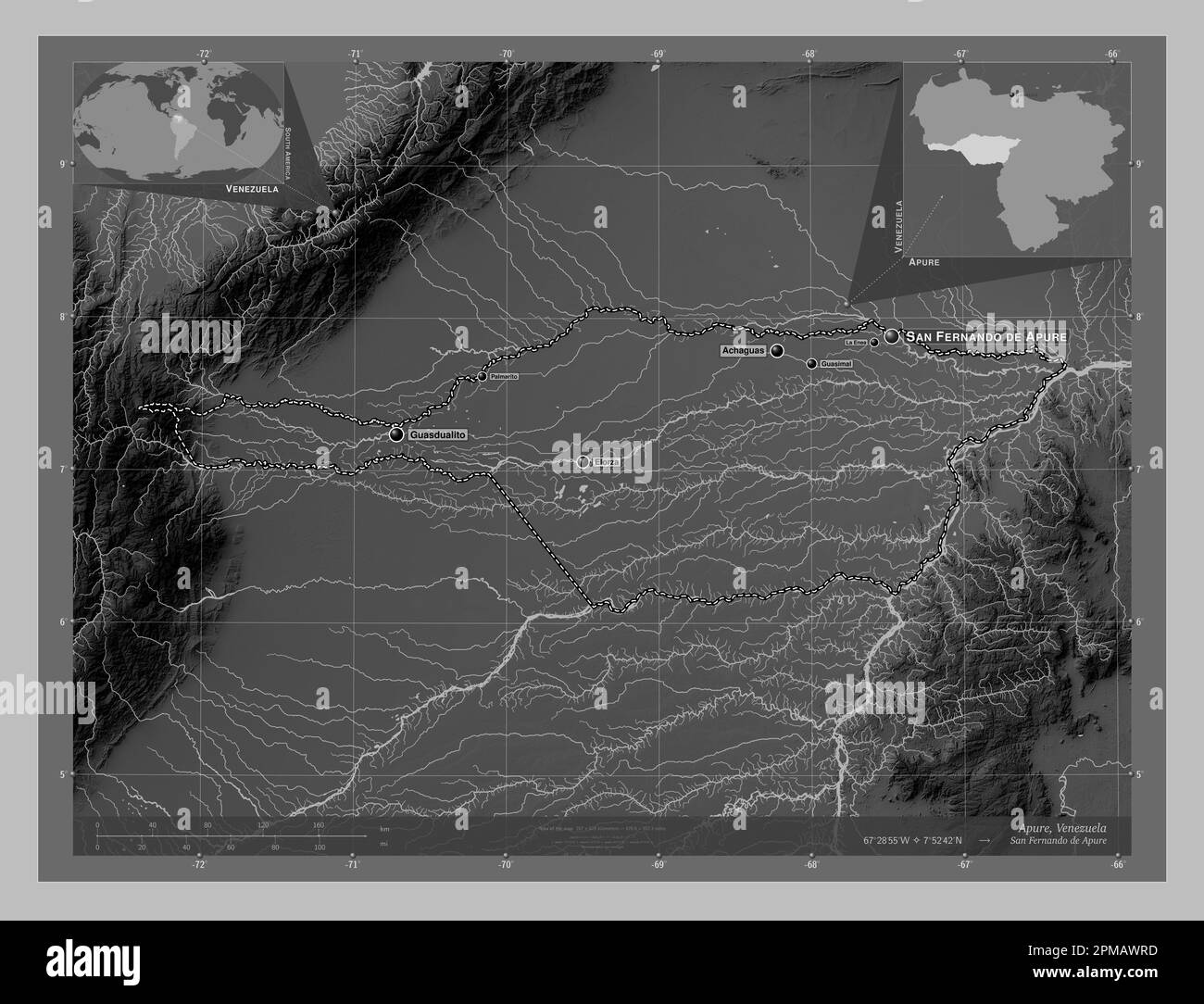 Apure, state of Venezuela. Grayscale elevation map with lakes and rivers. Locations and names of major cities of the region. Corner auxiliary location Stock Photo