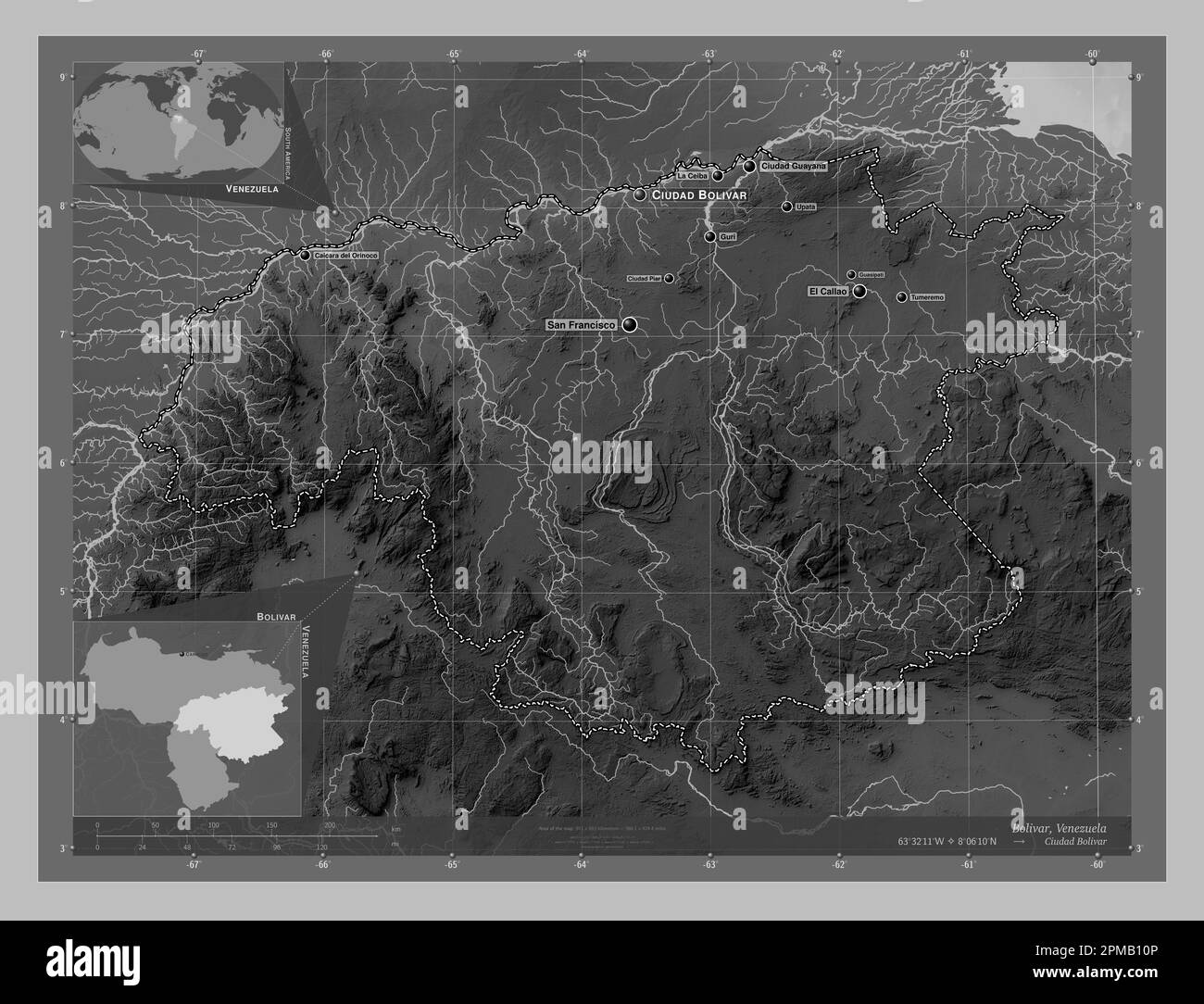 Bolivar, state of Venezuela. Grayscale elevation map with lakes and rivers. Locations and names of major cities of the region. Corner auxiliary locati Stock Photo